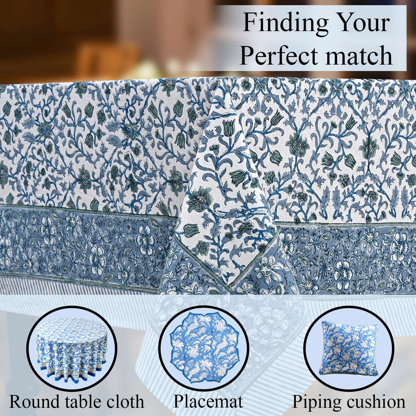 Cotton Block Print Tablecloth – Ocean Vine