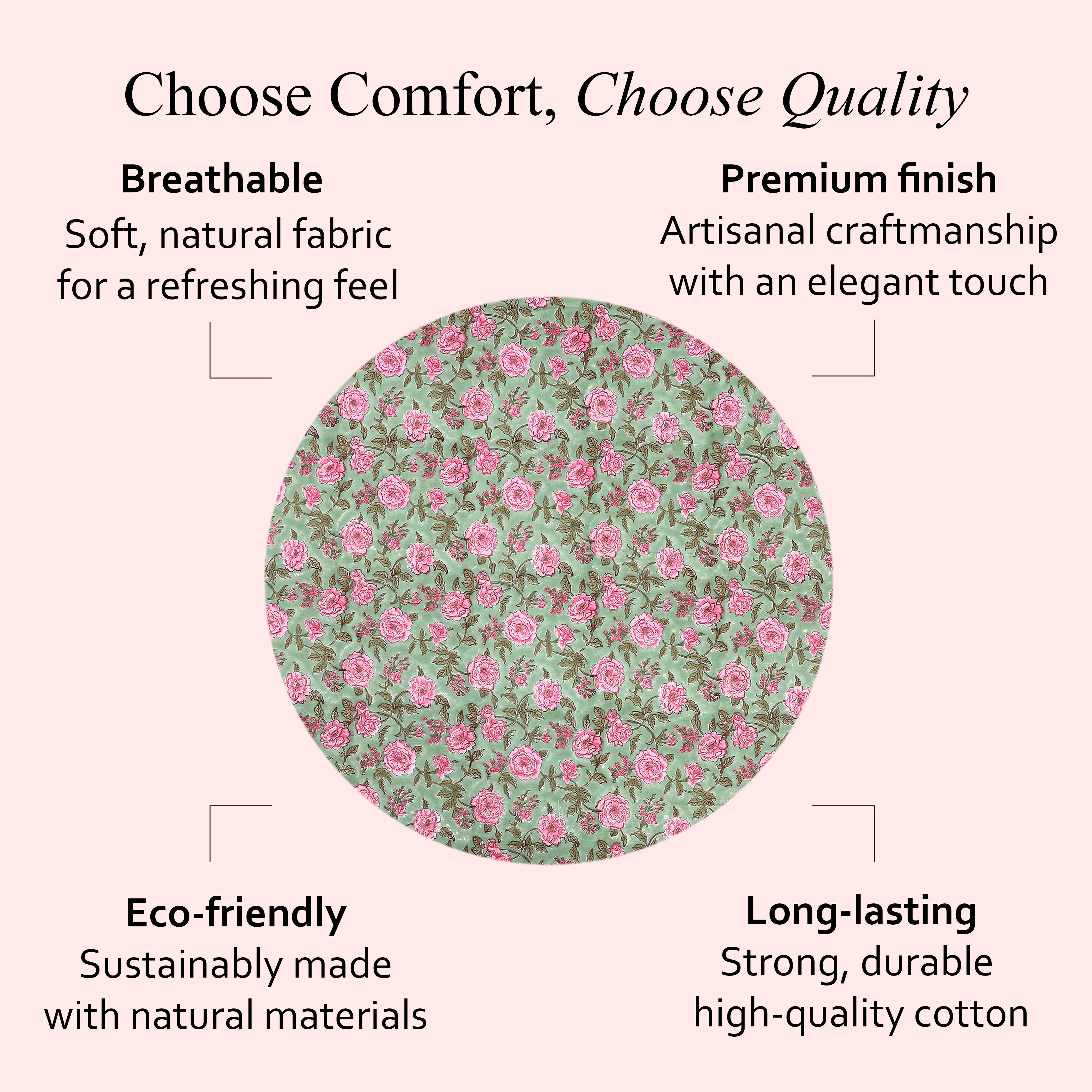 green and pink 100% cotton tablecloth on kitchen table in dining room