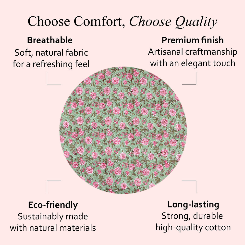 green and pink 100% cotton tablecloth on kitchen table in dining room