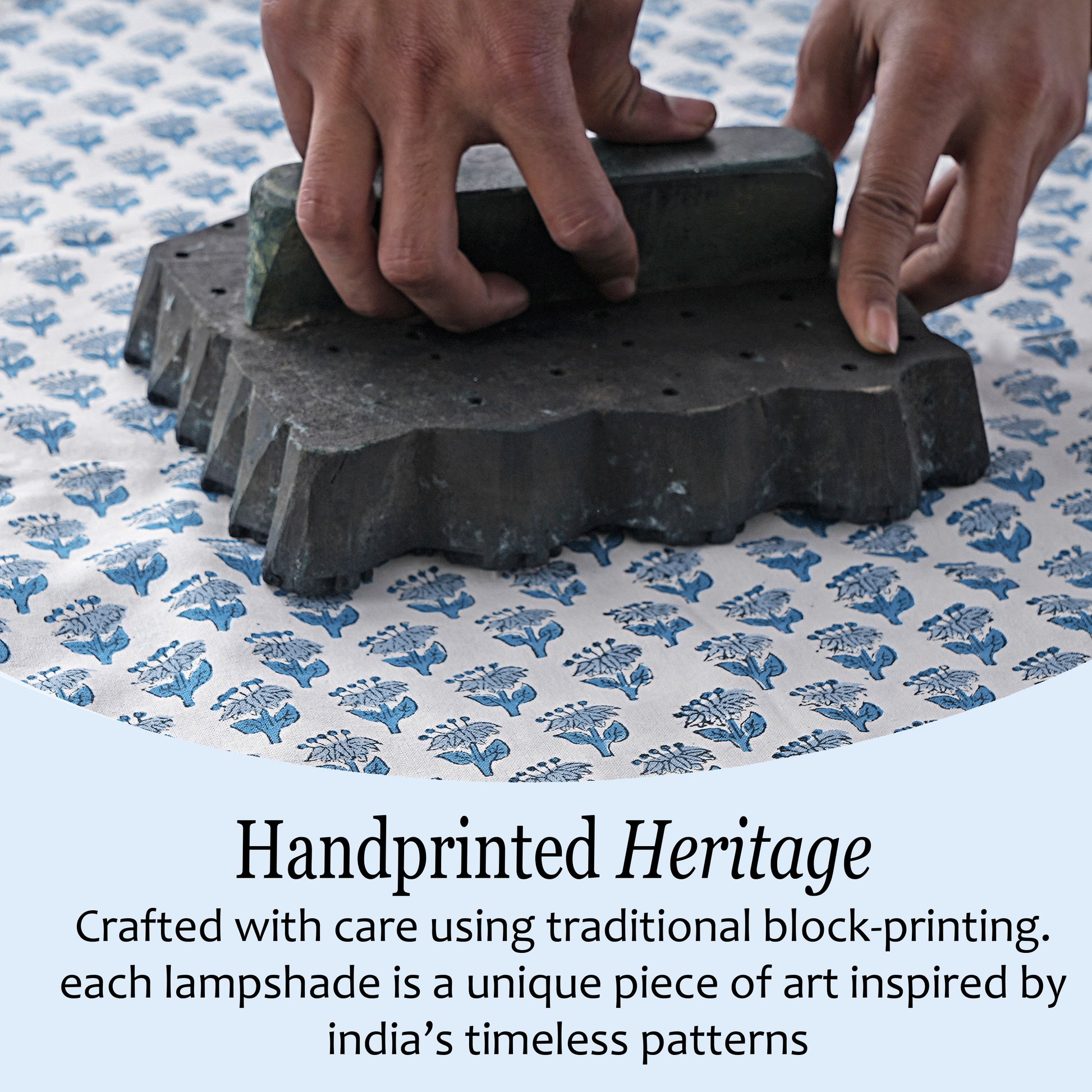 Hand Block Printed Cotton Lampshade – Scallop Floral Apatite Blue