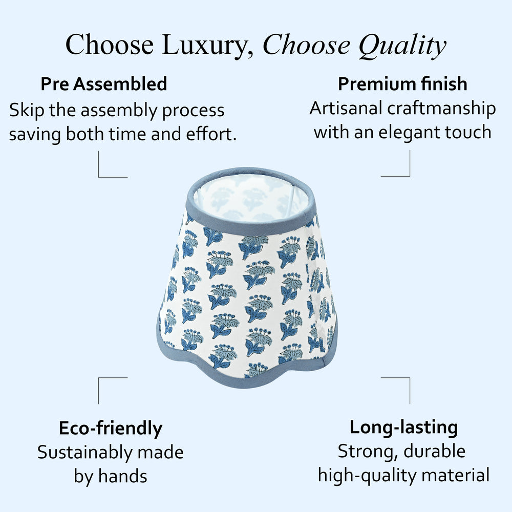 Hand Block Printed Cotton Lampshade – Scallop Floral Apatite Blue