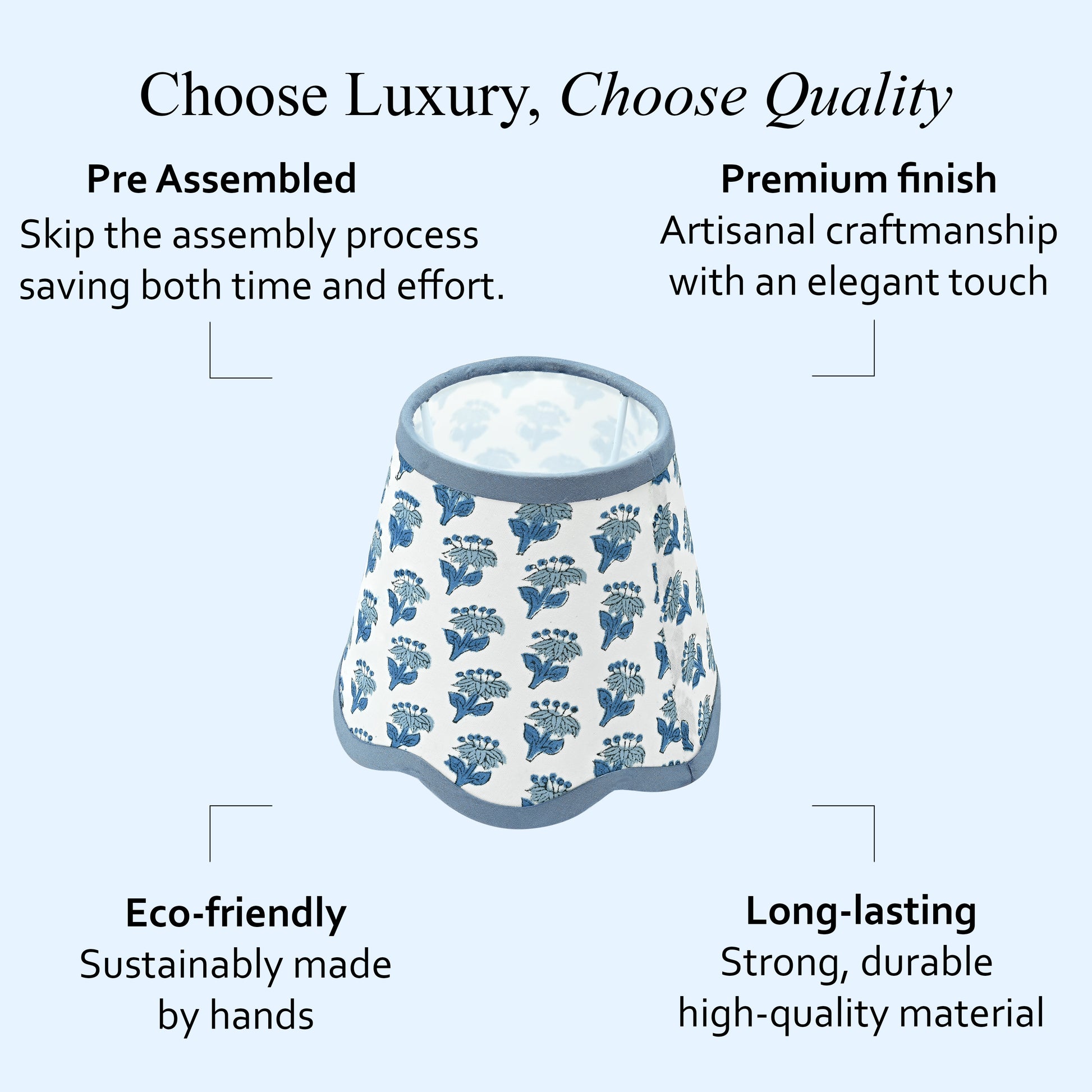 Hand Block Printed Cotton Lampshade – Scallop Floral Apatite Blue