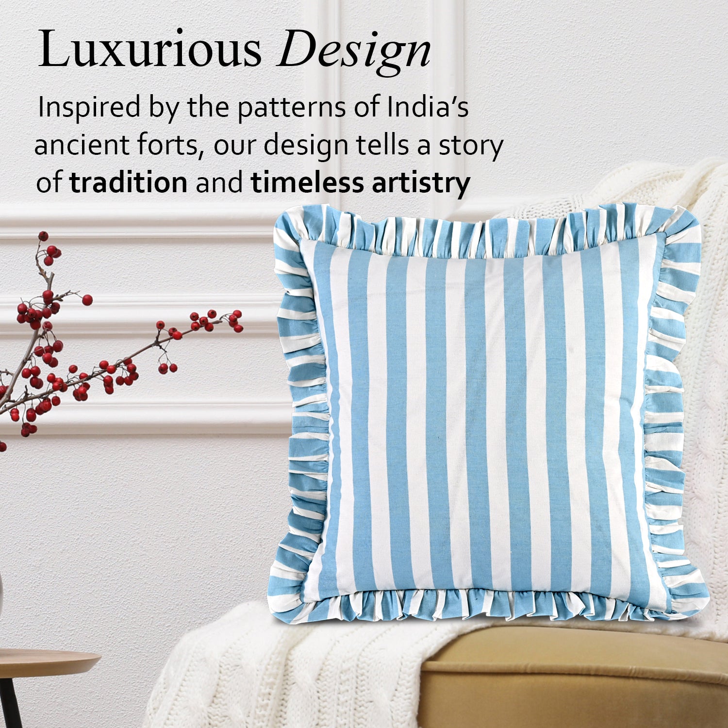 Blue Striped Ruffle Throw Pillow Covers