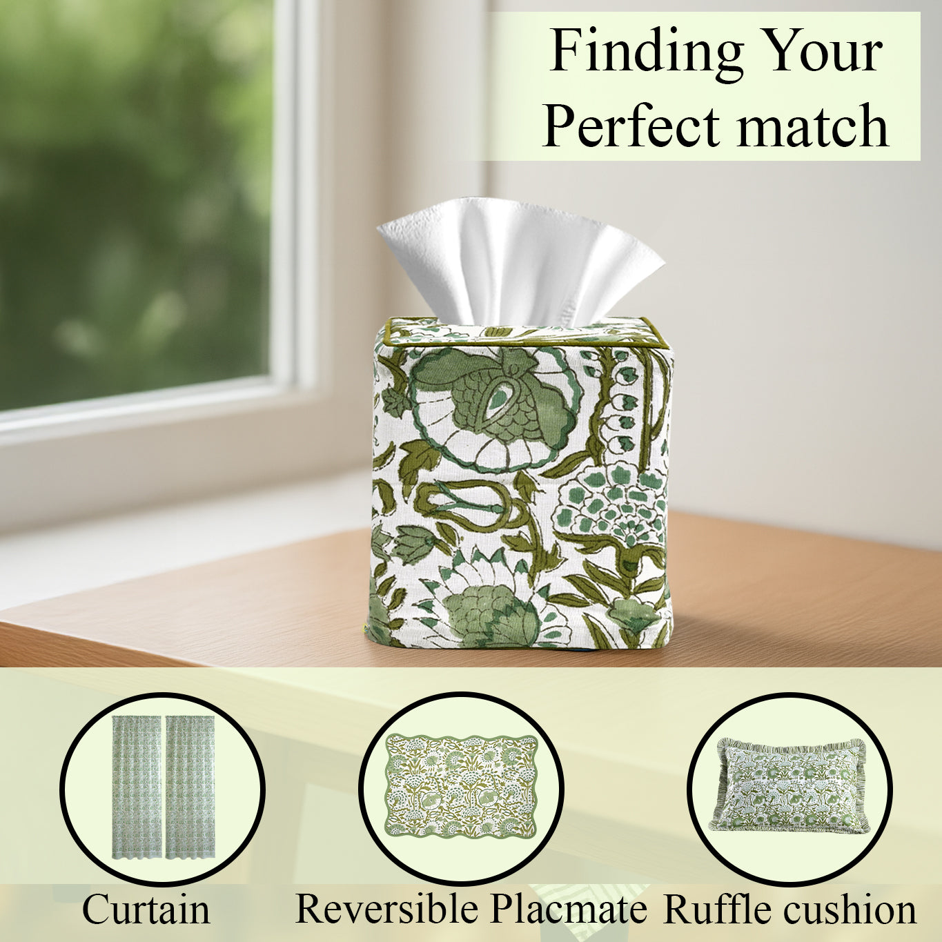 100% Cotton Hand Block Printed Tissue Box Cover - Agate Green