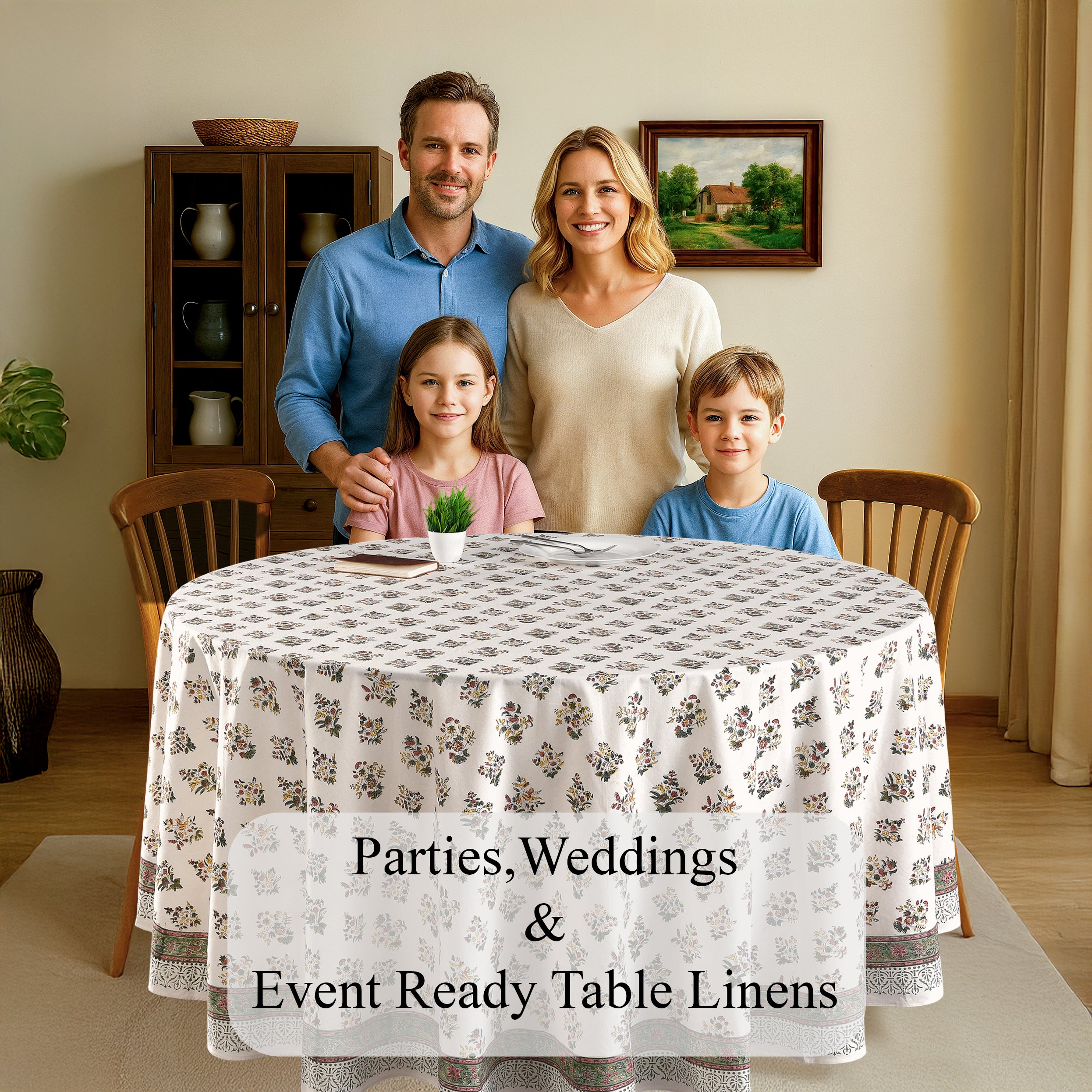 white and green 100% cotton breathable indian round tablecloth