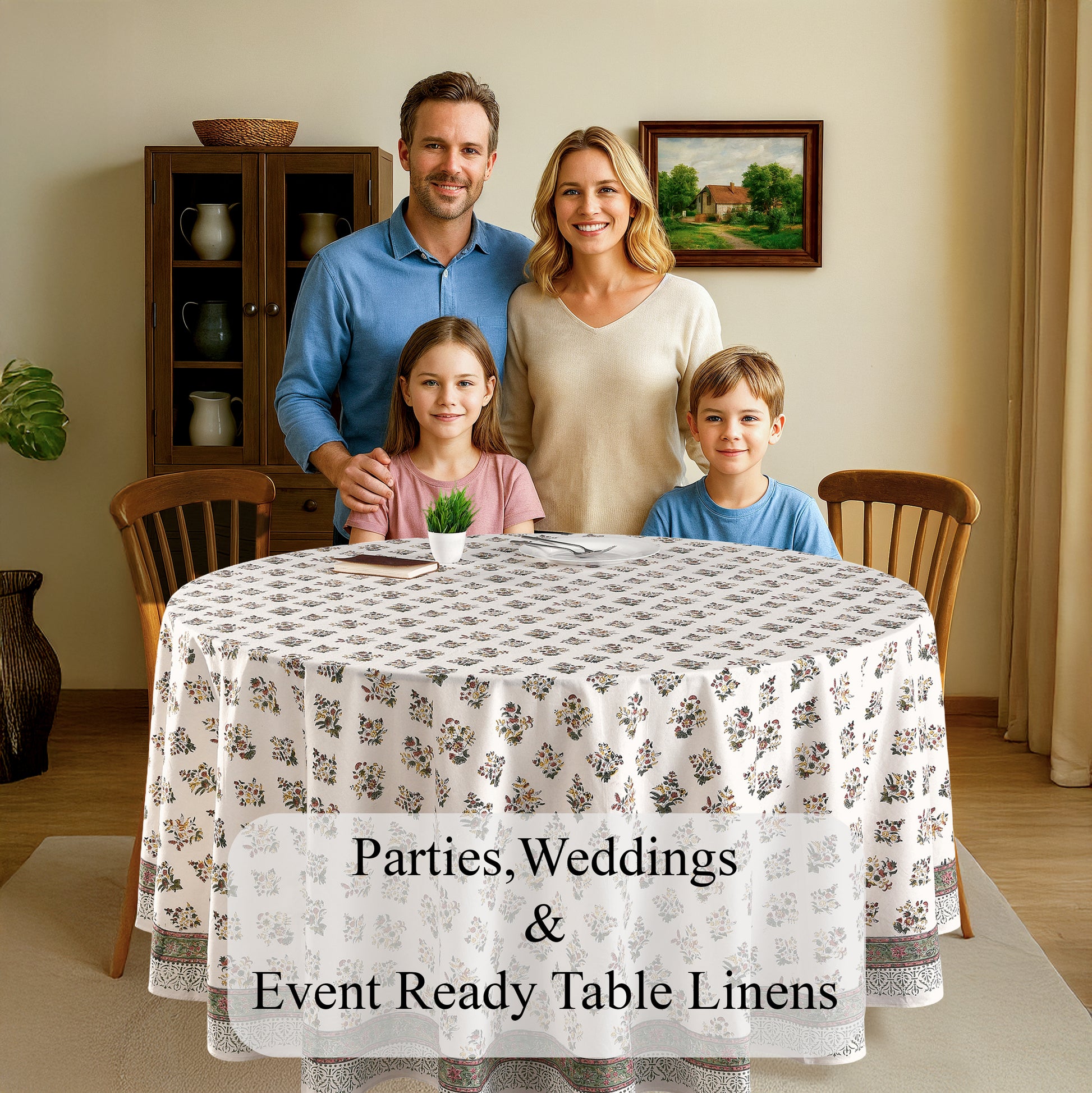 white and green 100% cotton breathable indian round tablecloth