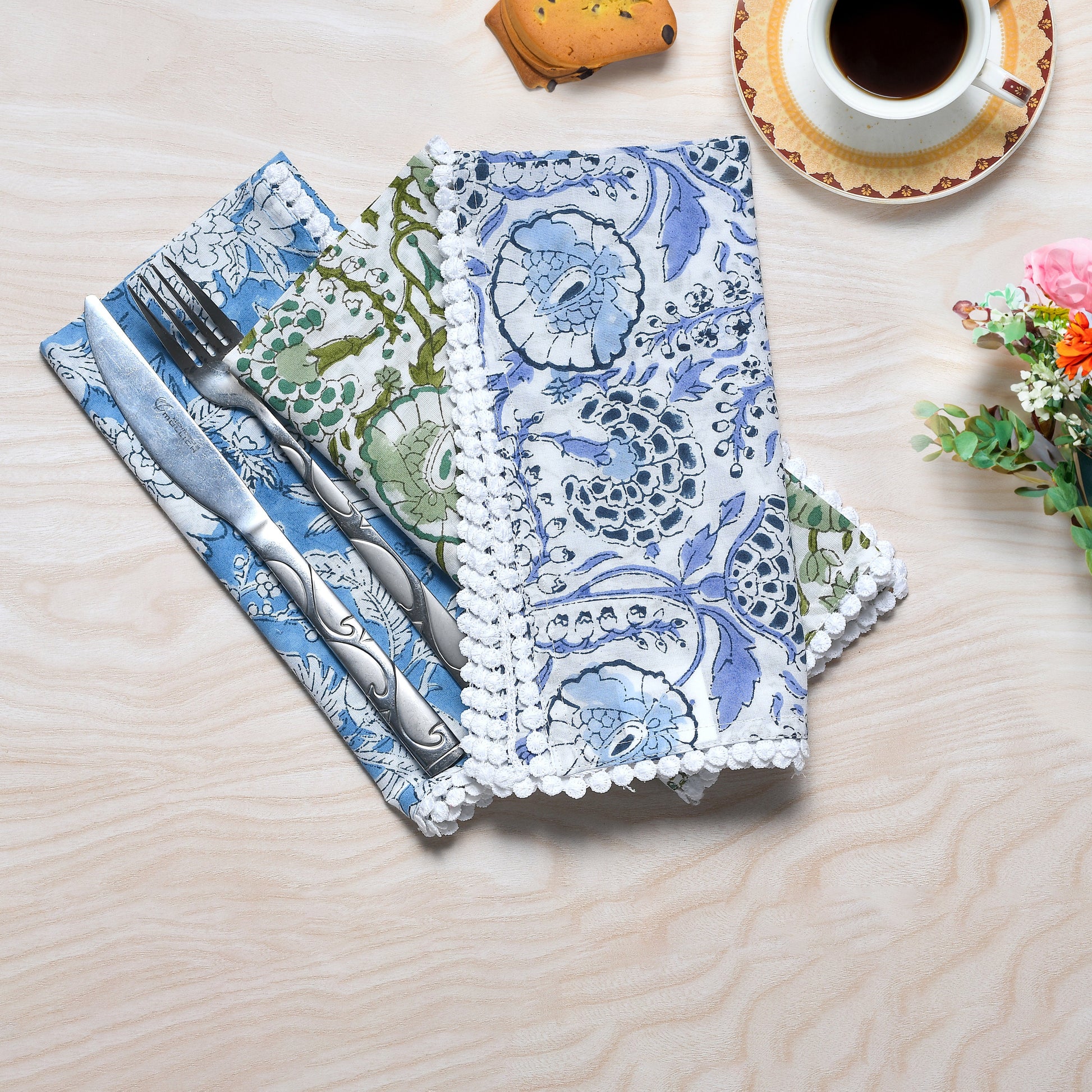 Multi-color Indian Block Print Pom-Pom Napkins, Floral Cotton Dinning Table Daily Use Napkins, Farmhouse Wedding Party Napkins 18x18 In