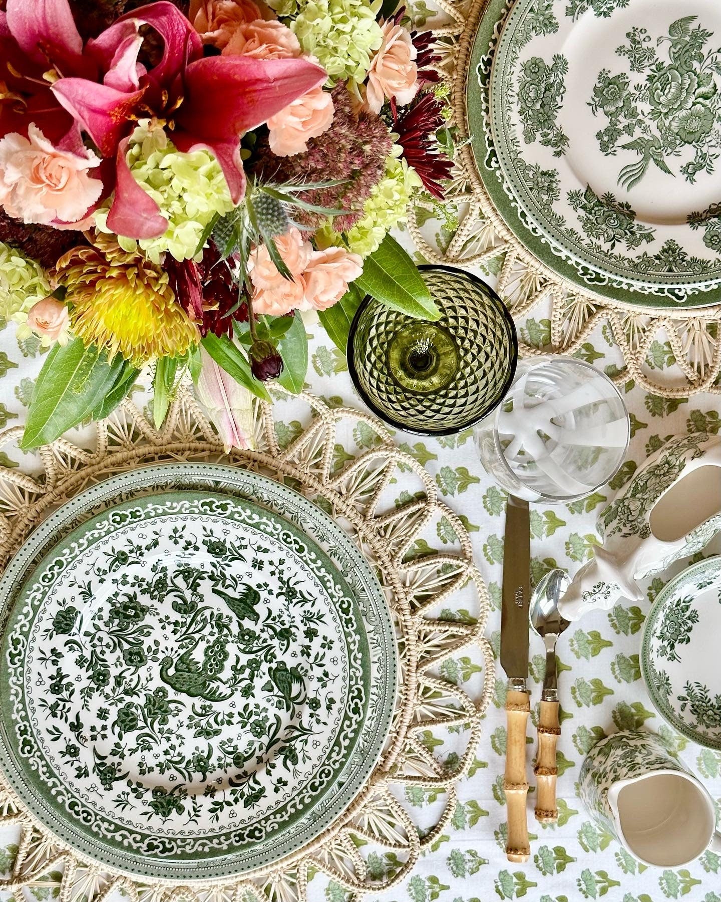 Emerald Green Tablecloth on Family Dinner Table