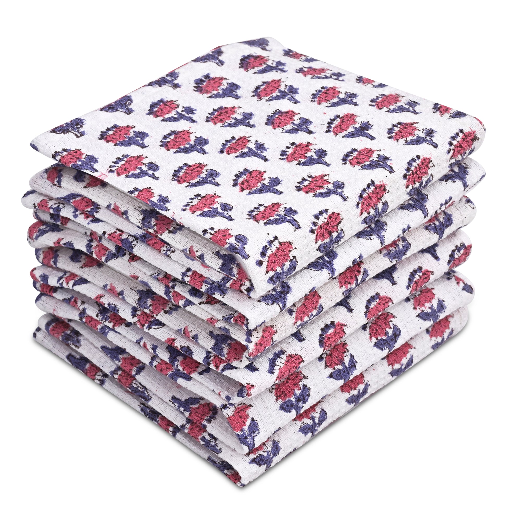 Hand Block Printed Waffle Kitchen Towels – Pink Sapphire