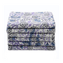 Stack of neatly folded blue floral napkins on a white background.
