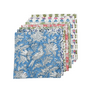 Stack of multicolor floral napkins in green, pink, purple, and blue on white background.

