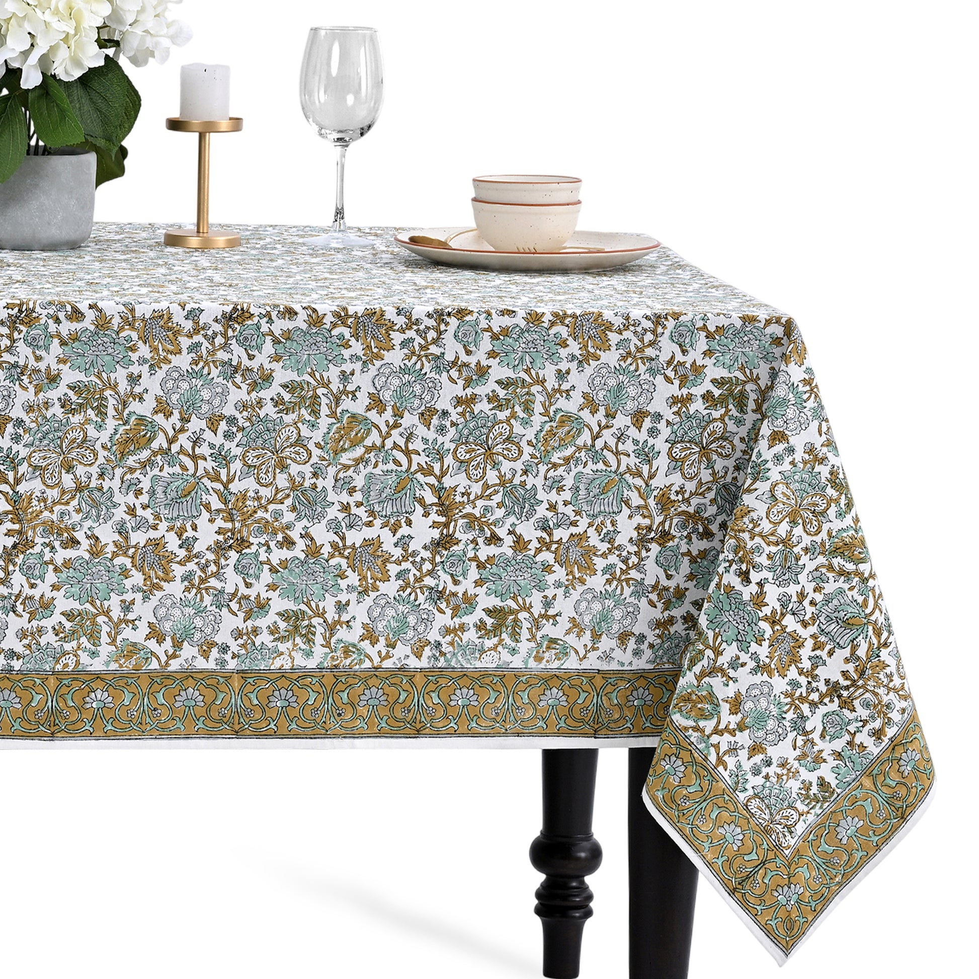 blue and green floral 100% cotton tablecloth