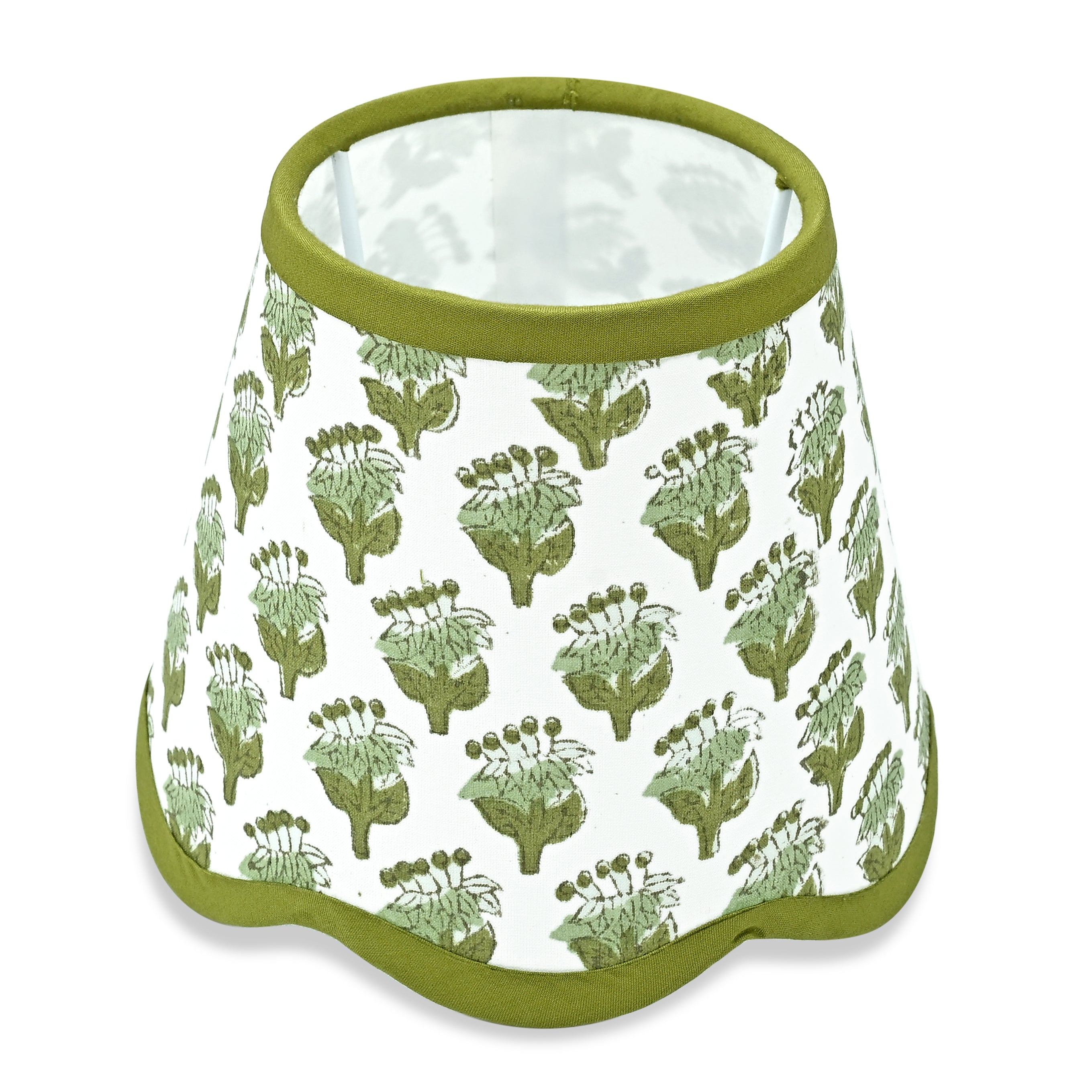 Hand Block Printed Cotton Lampshade – Scallop Floral Emerald Green