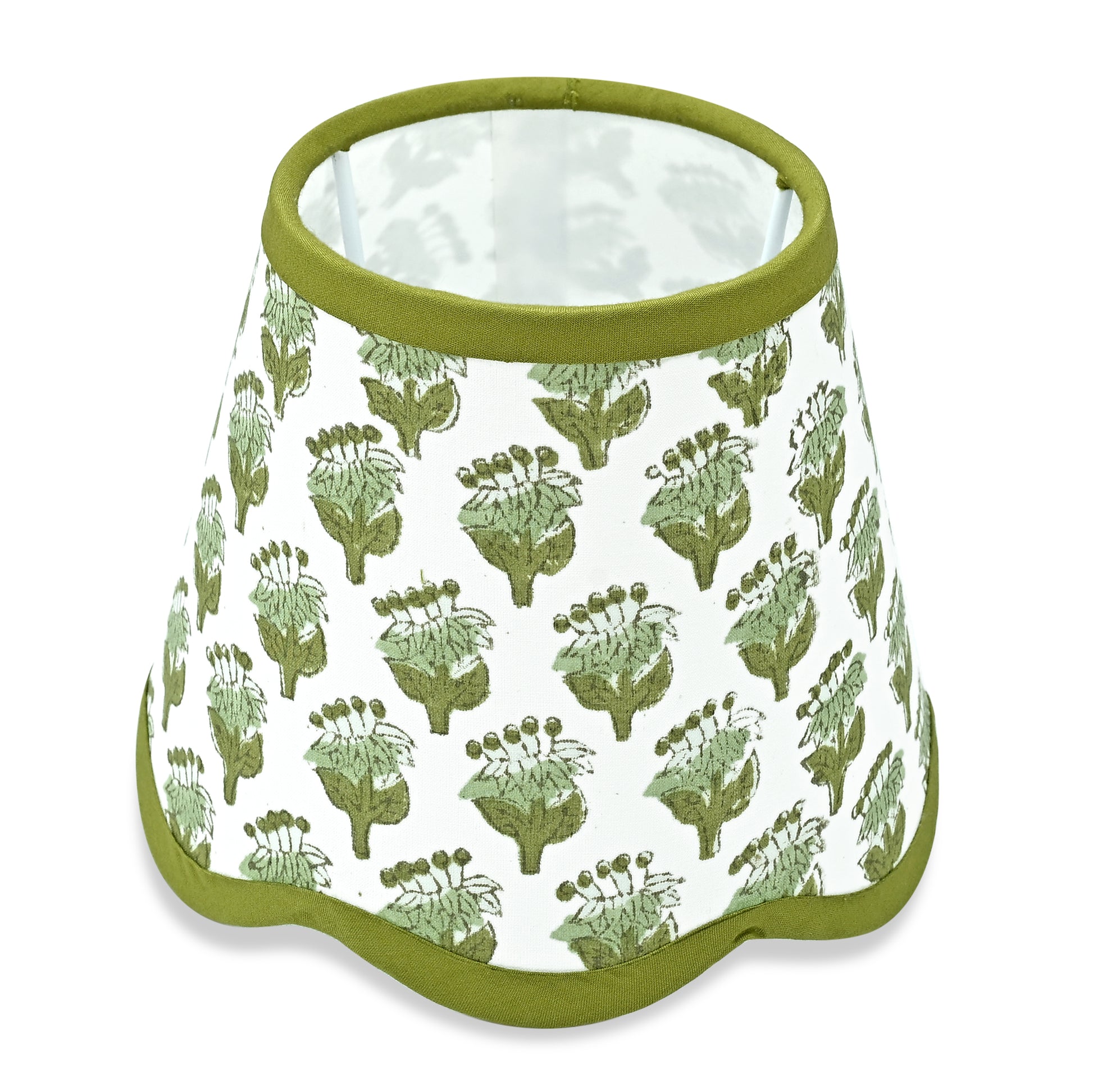 Hand Block Printed Cotton Lampshade – Scallop Floral Emerald Green