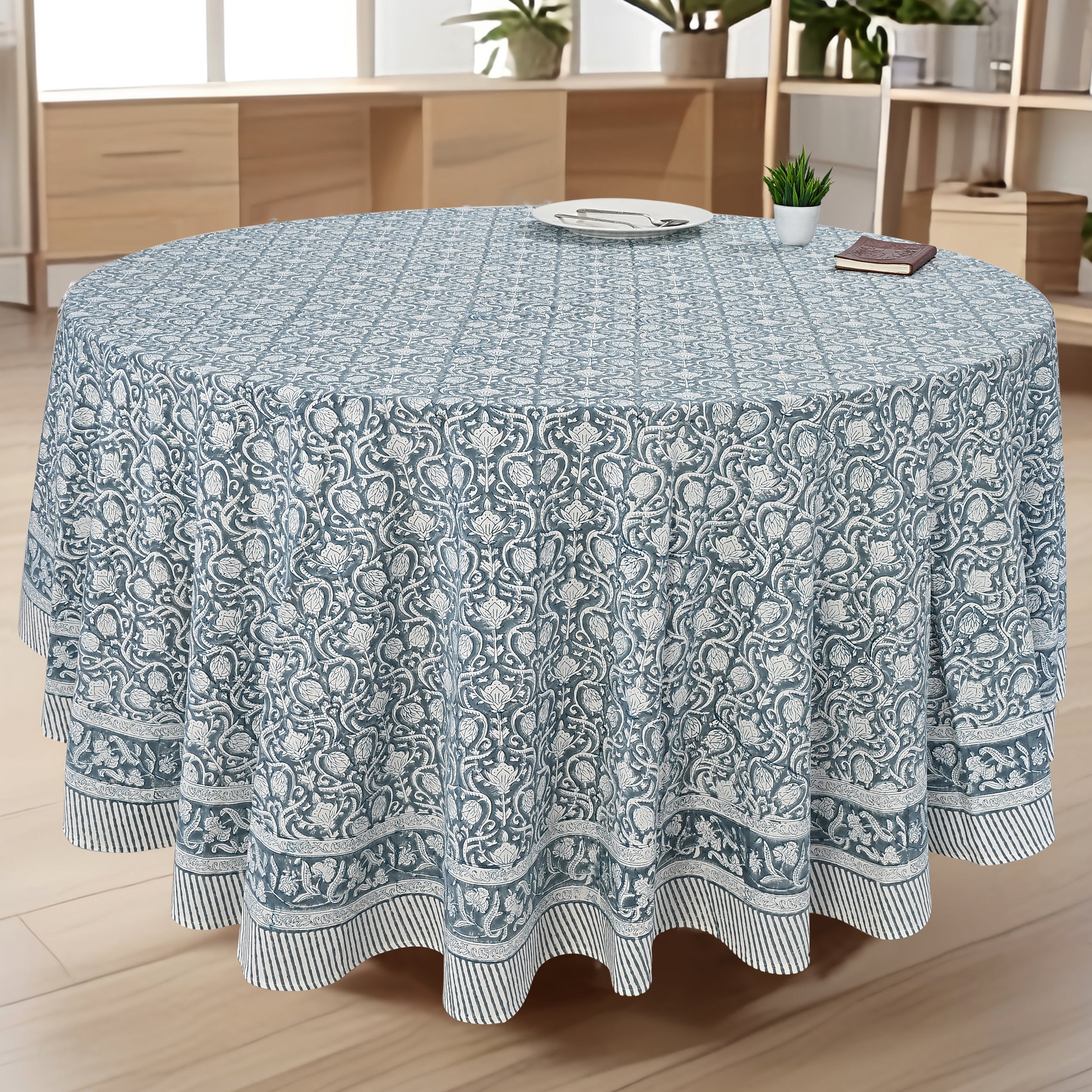 Round Block Print Tablecloth – Azure Regal
