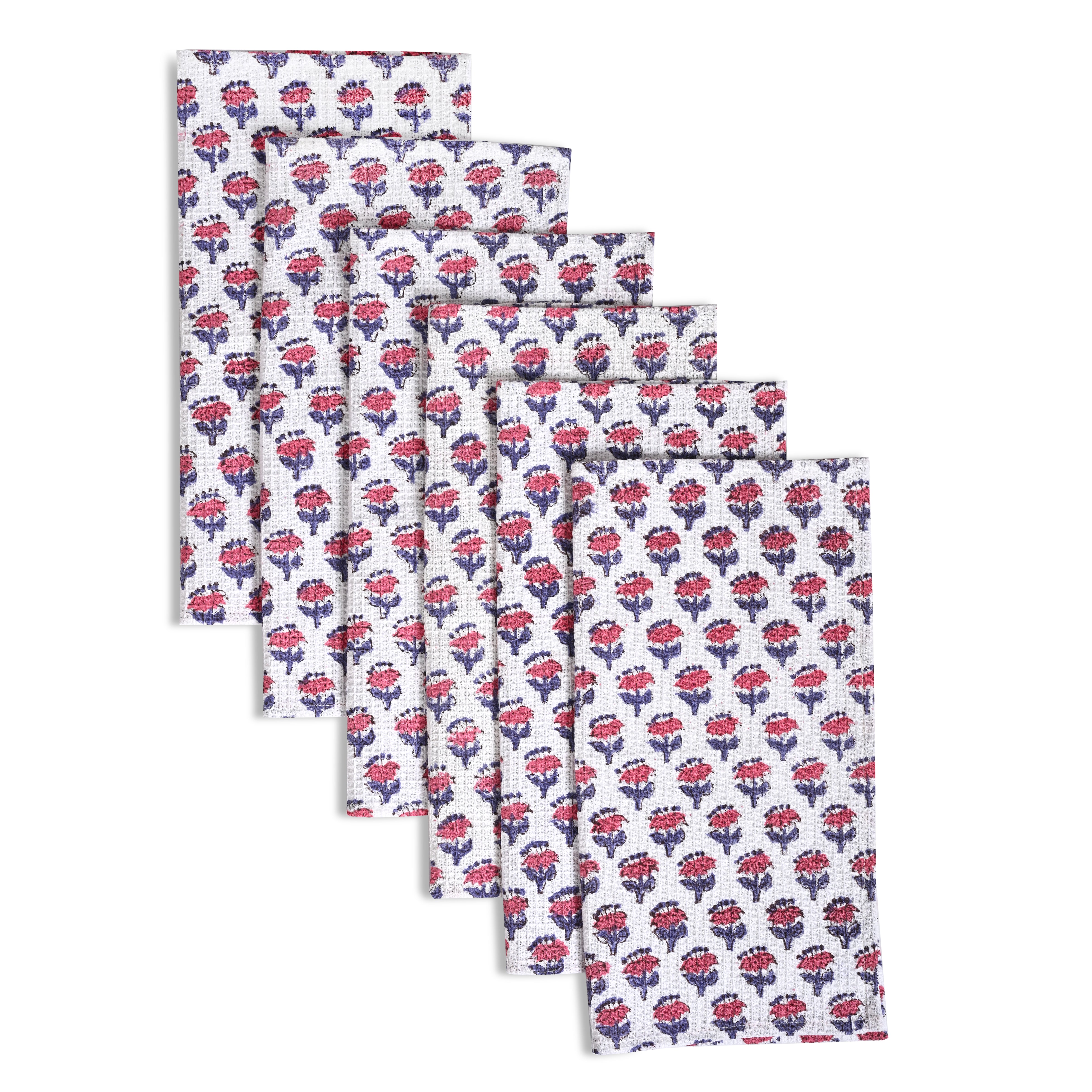 Hand Block Printed Waffle Kitchen Towels – Pink Sapphire