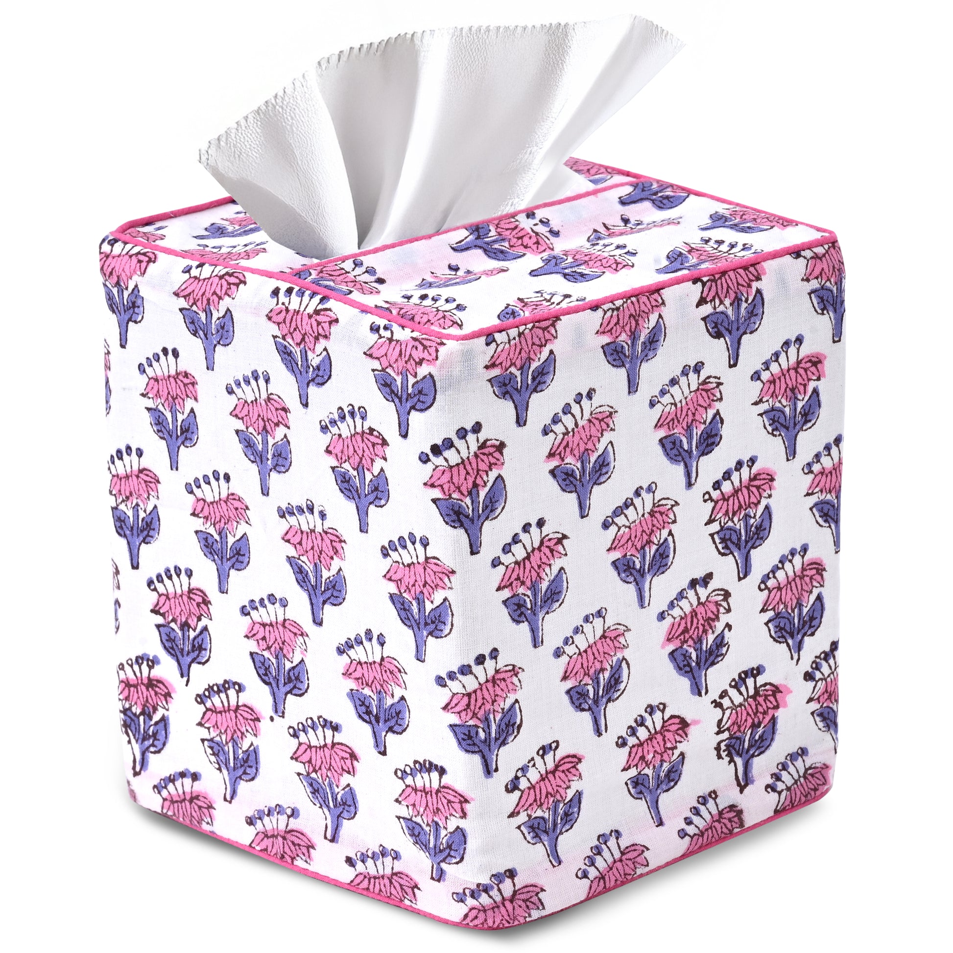 100% Cotton Hand Block Printed Tissue Box Cover - Pink Sapphire