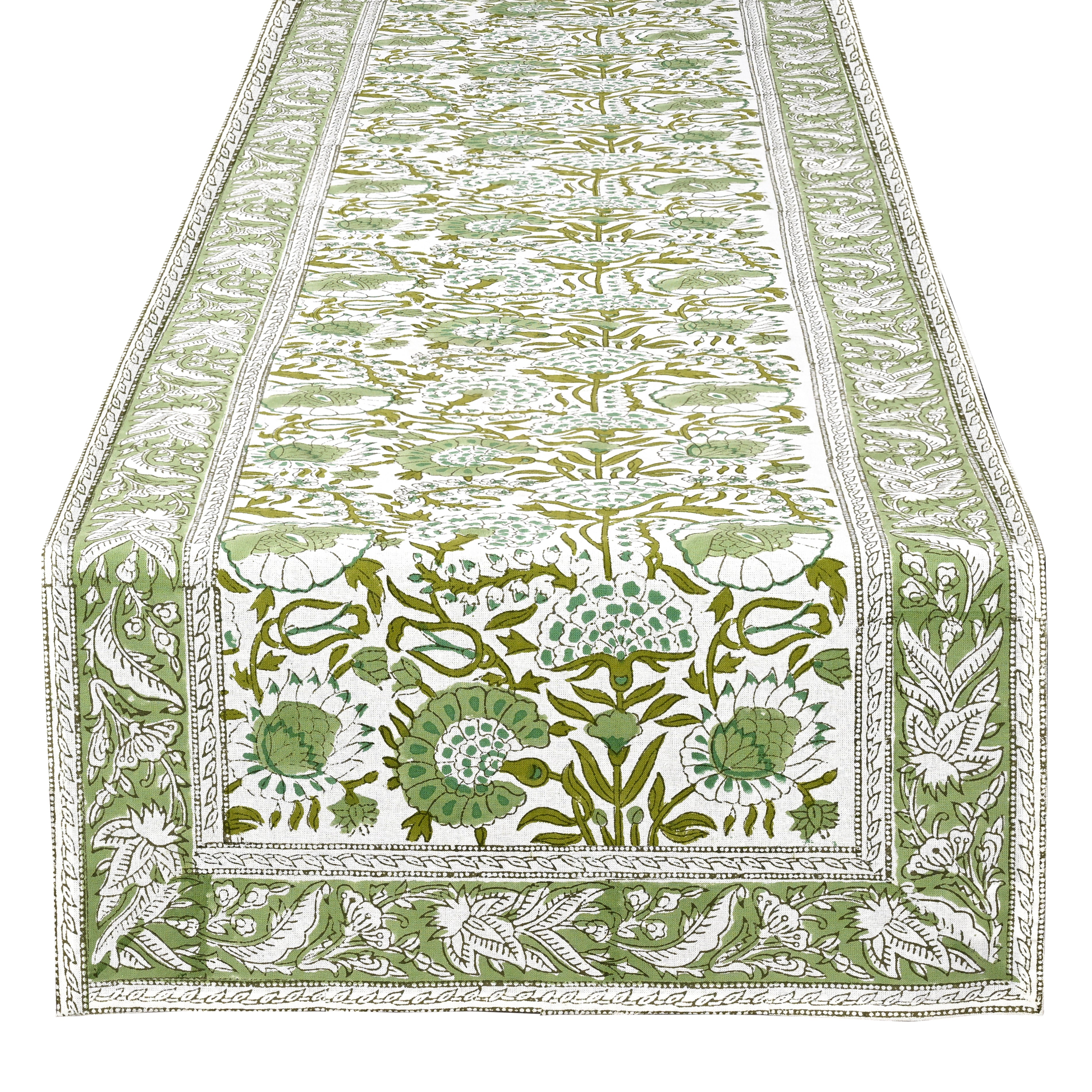 Cotton Block Print Table Runner - Agate Green