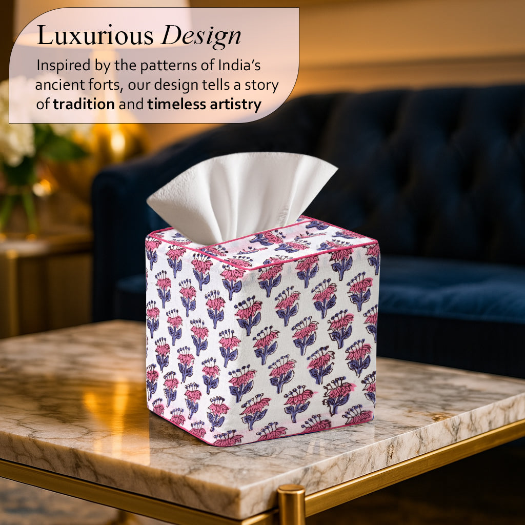 100% Cotton Hand Block Printed Tissue Box Cover - Pink Sapphire