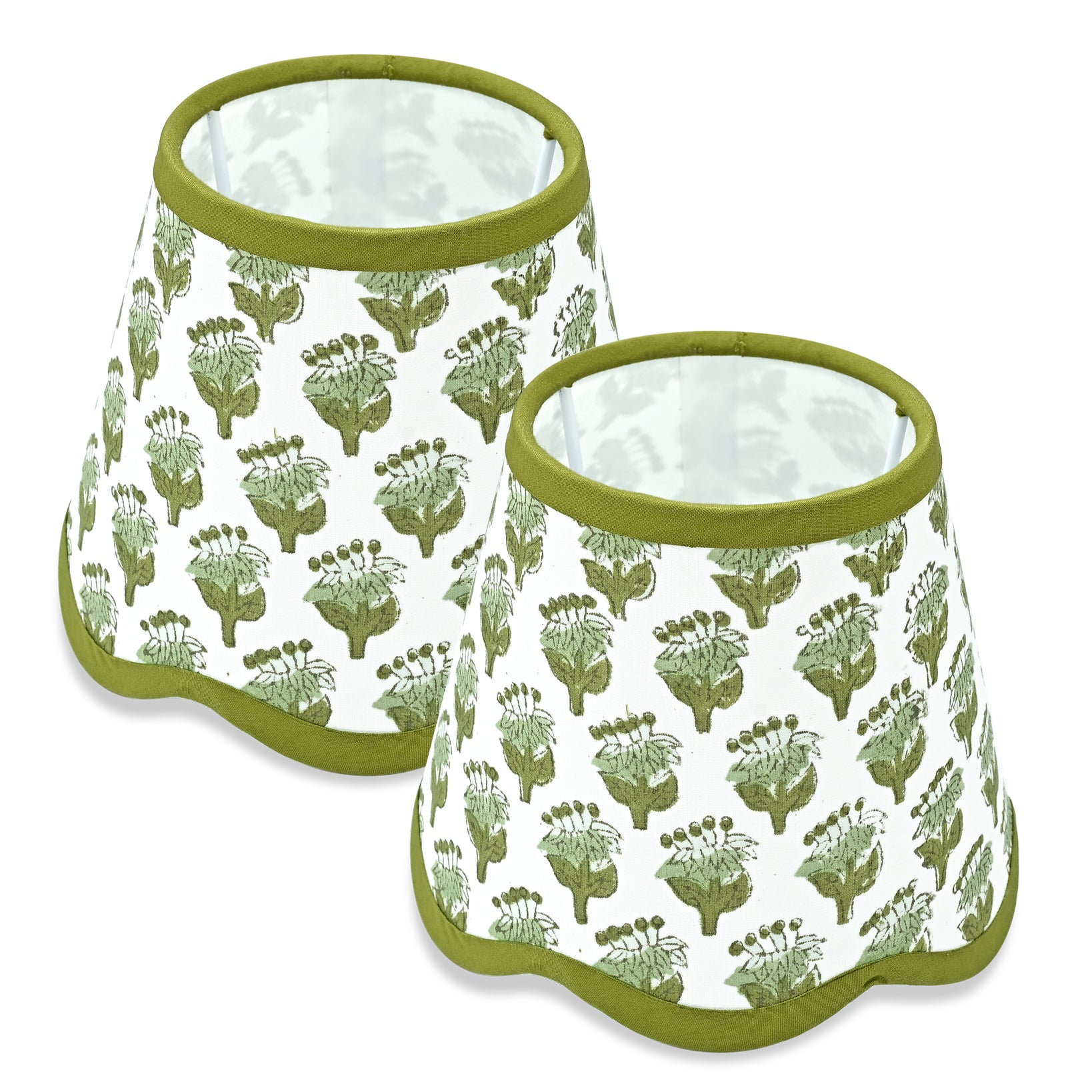 Hand Block Printed Cotton Lampshade – Scallop Floral Emerald Green