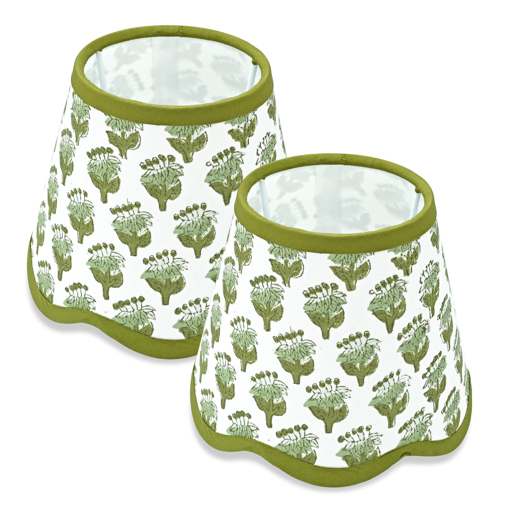 Hand Block Printed Cotton Lampshade – Scallop Floral Emerald Green