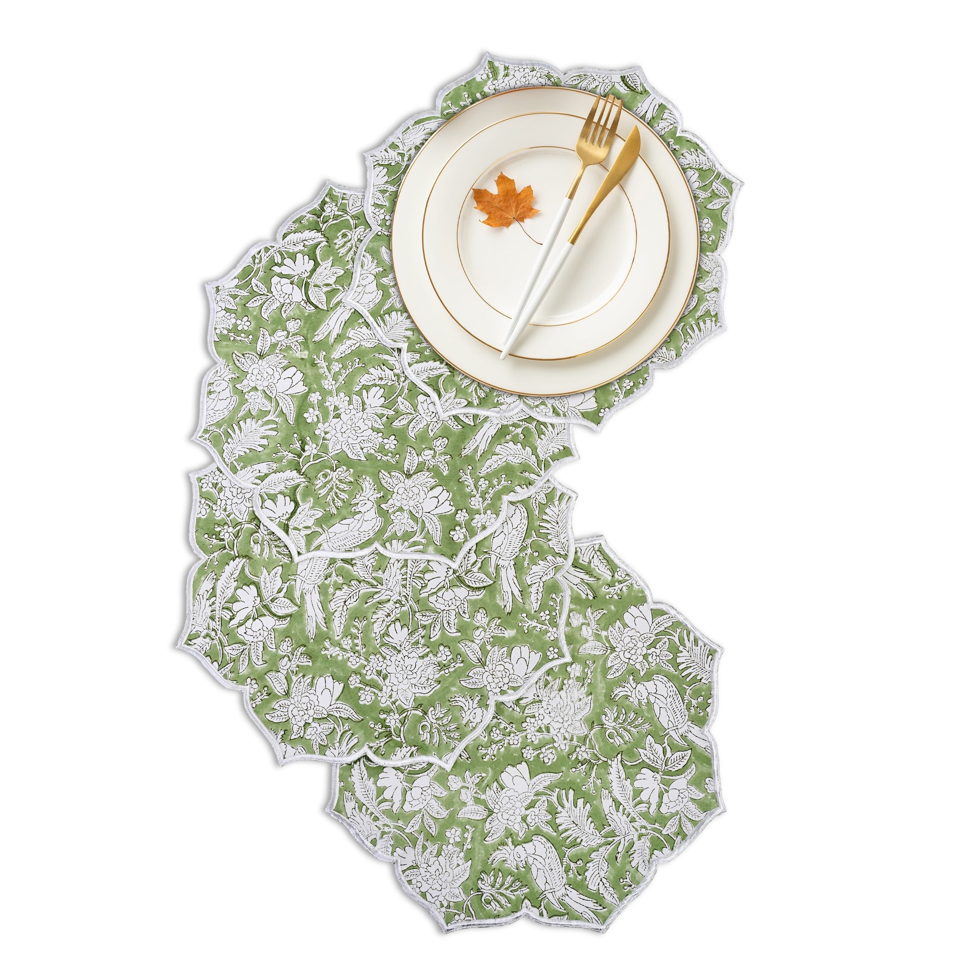 Organic sage placemat styled with ceramic tableware