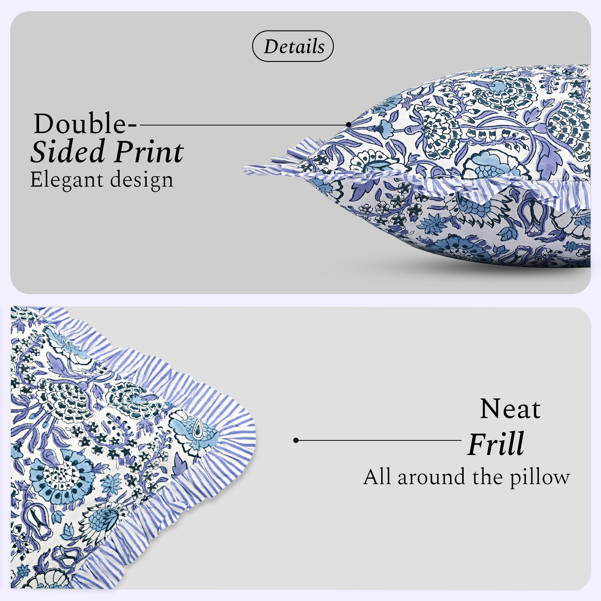 Decorative pillow with blue floral pattern on a gray background