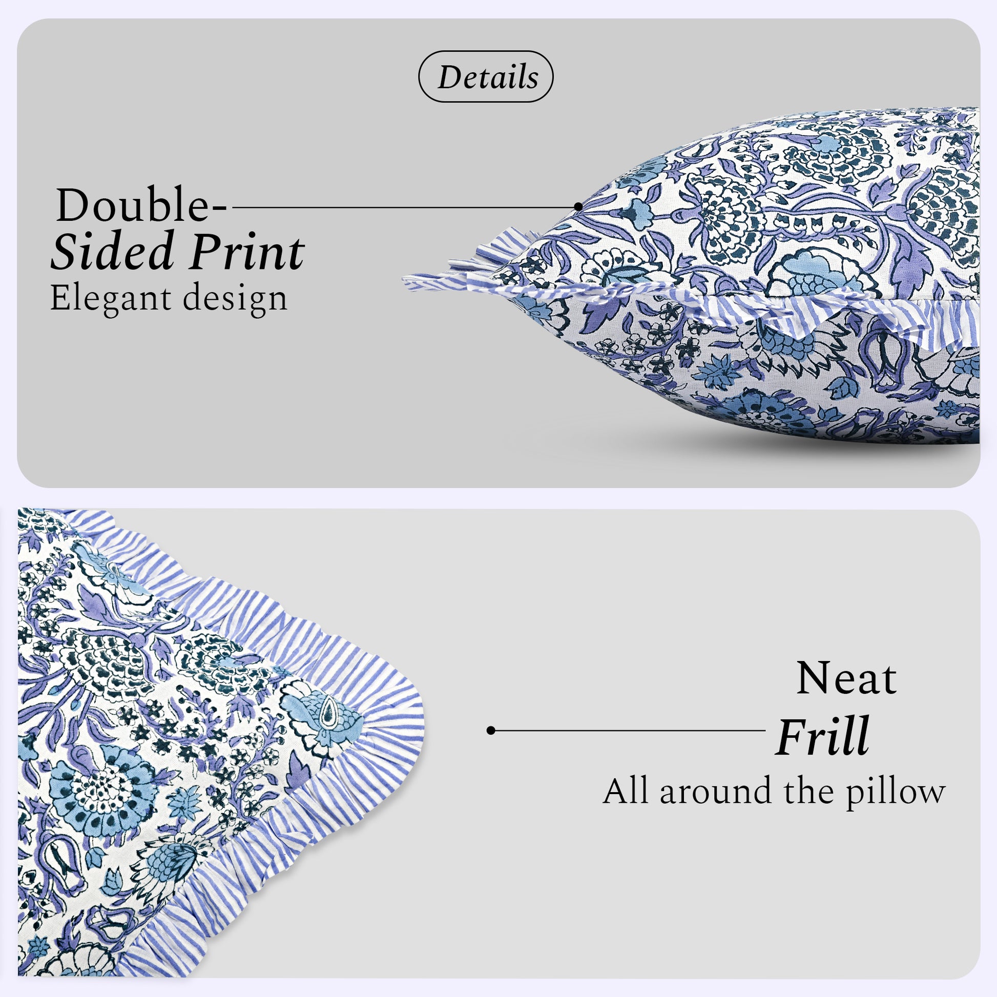 Decorative pillow with blue floral pattern on a gray background