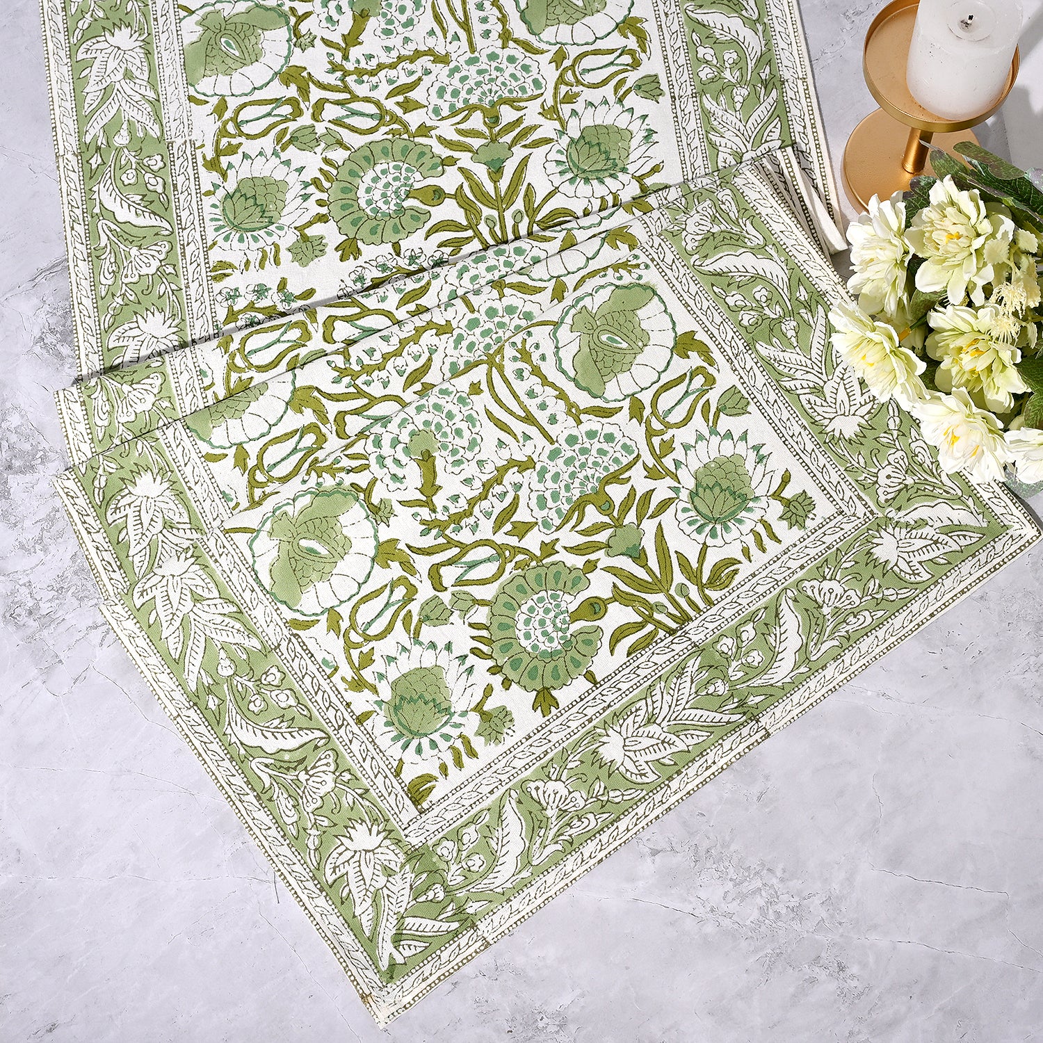Cotton Block Print Table Runner - Agate Green