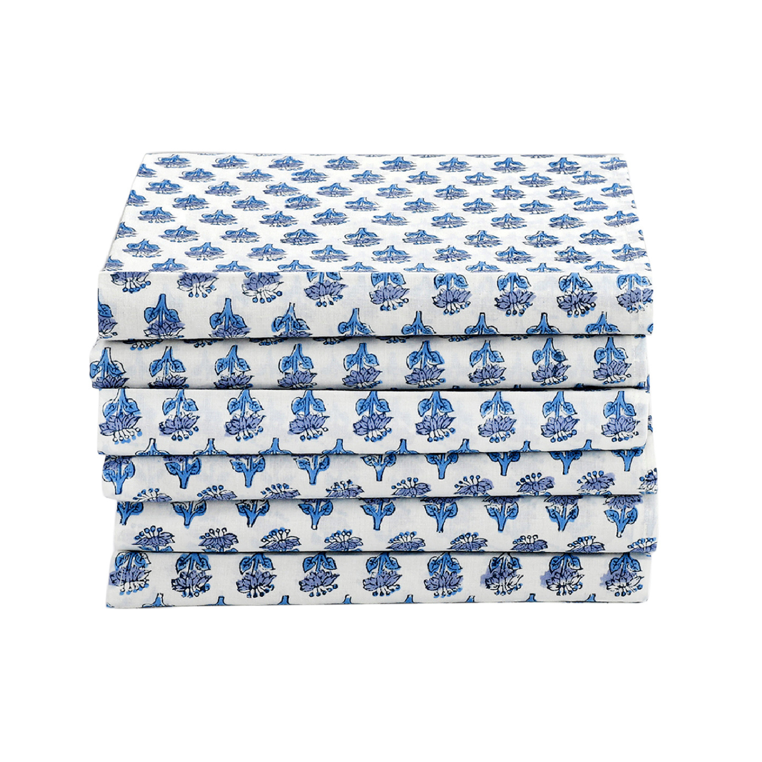 Stack of neatly folded blue floral napkins on a white background.

