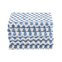 Stack of neatly folded blue floral napkins on a white background.

