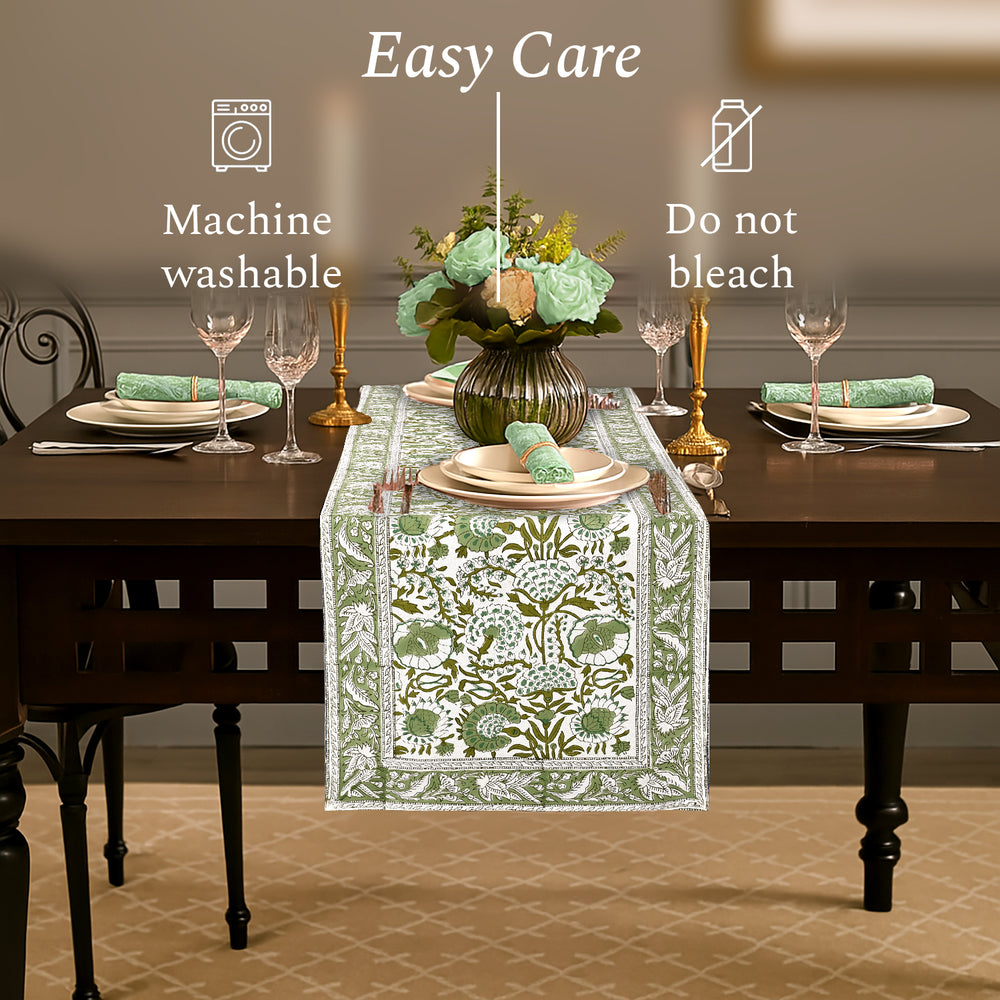 Cotton Block Print Table Runner - Agate Green