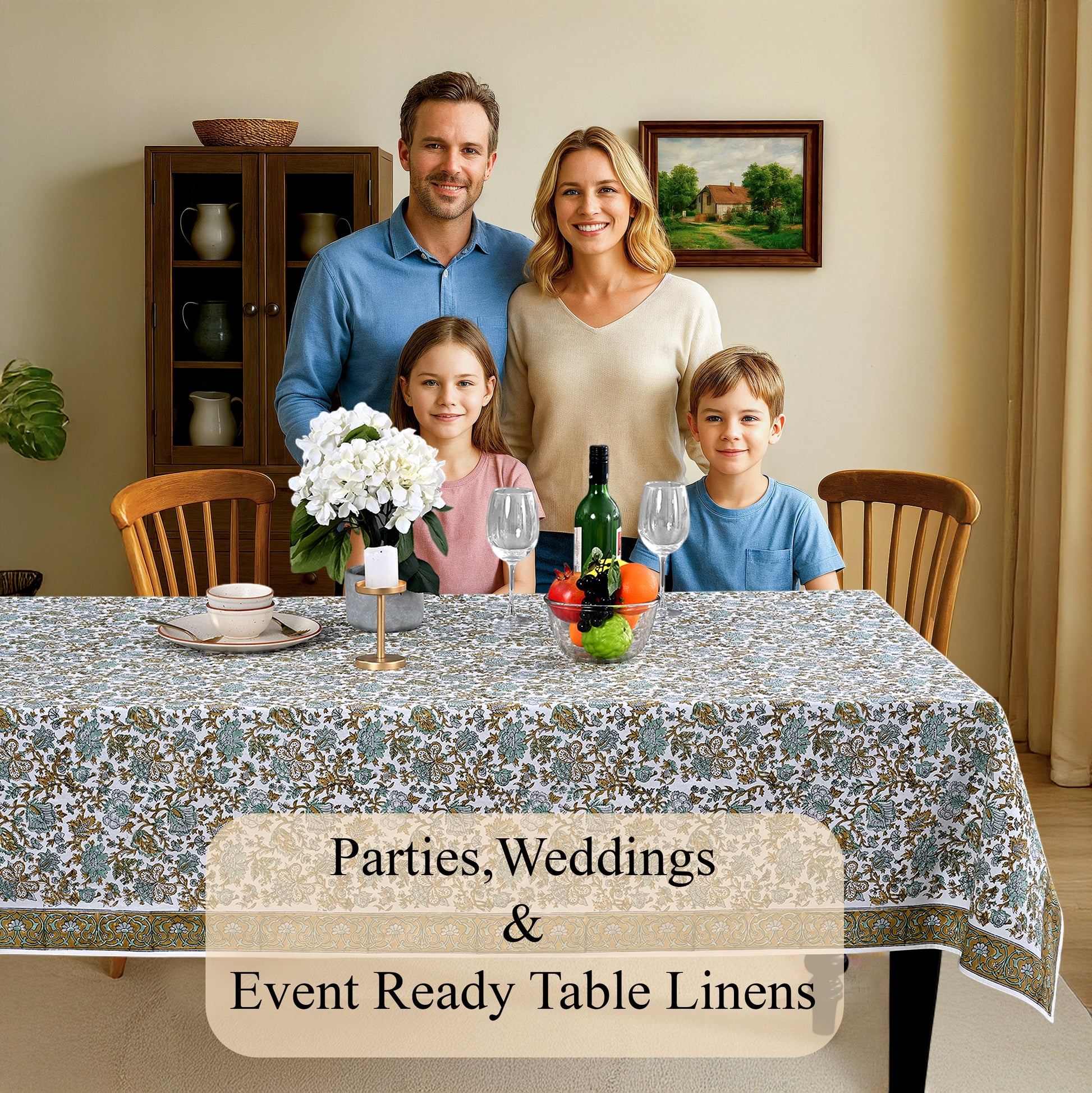 blue and green floral 100% cotton tablecloth