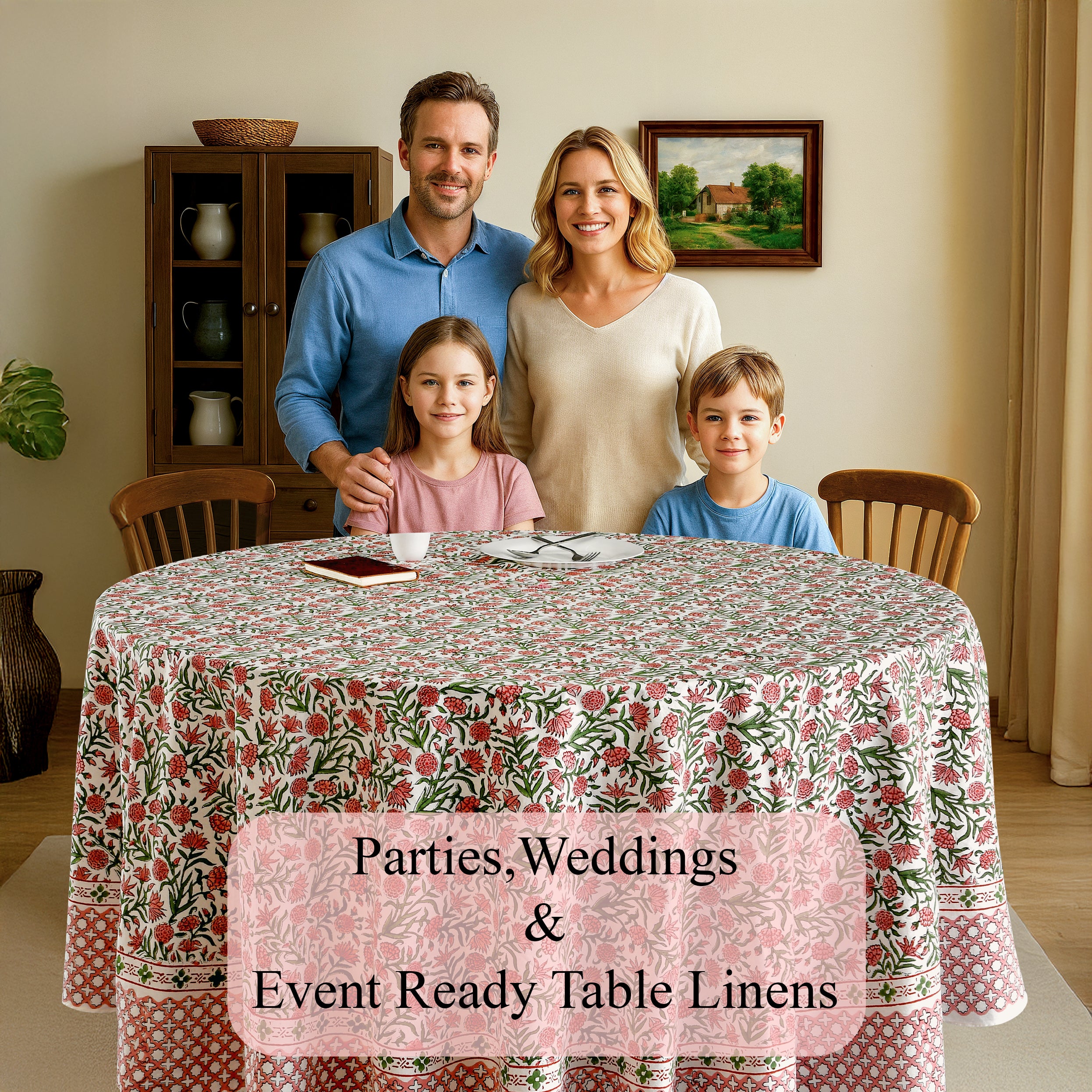 white, red, and green floral 100% cotton round tablecloth