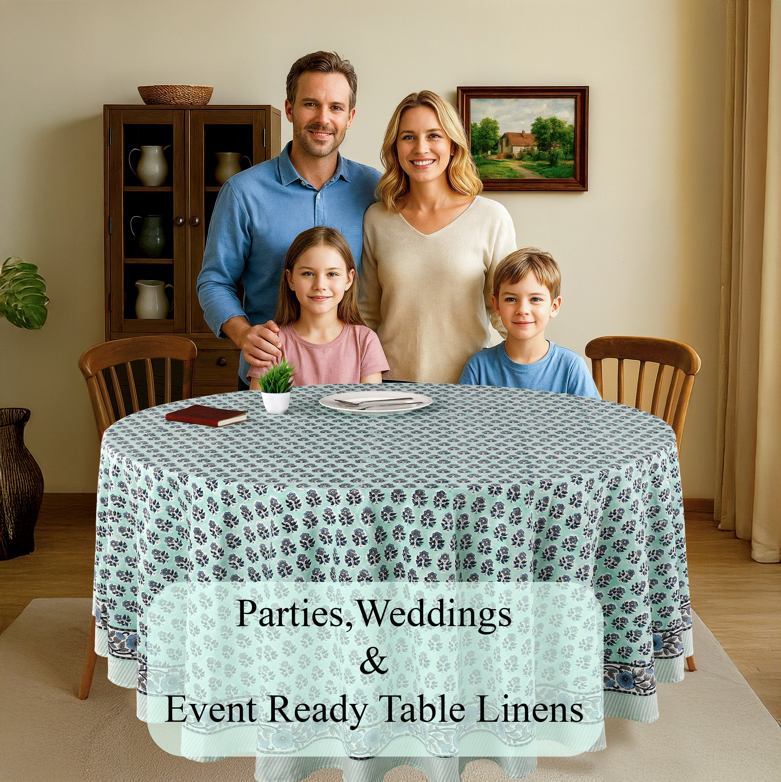 blue floral 100% cotton breathable round tablecloth