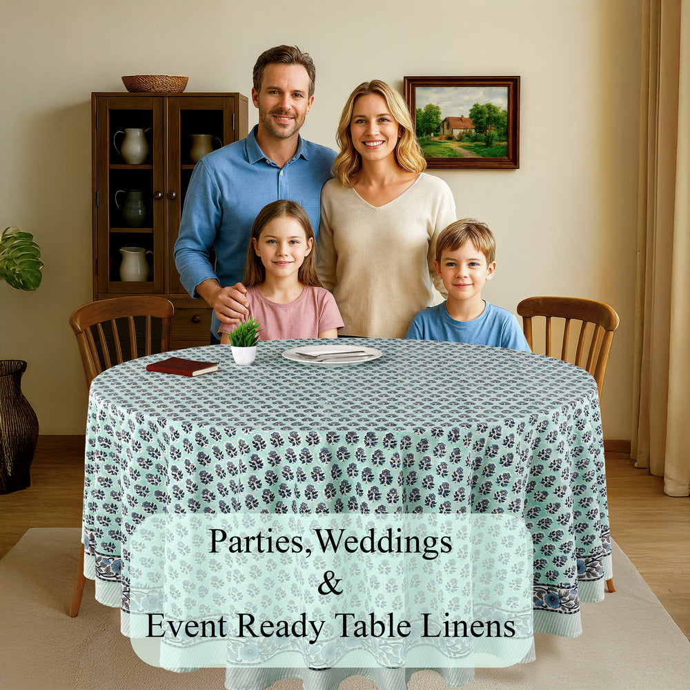 blue floral 100% cotton breathable round tablecloth