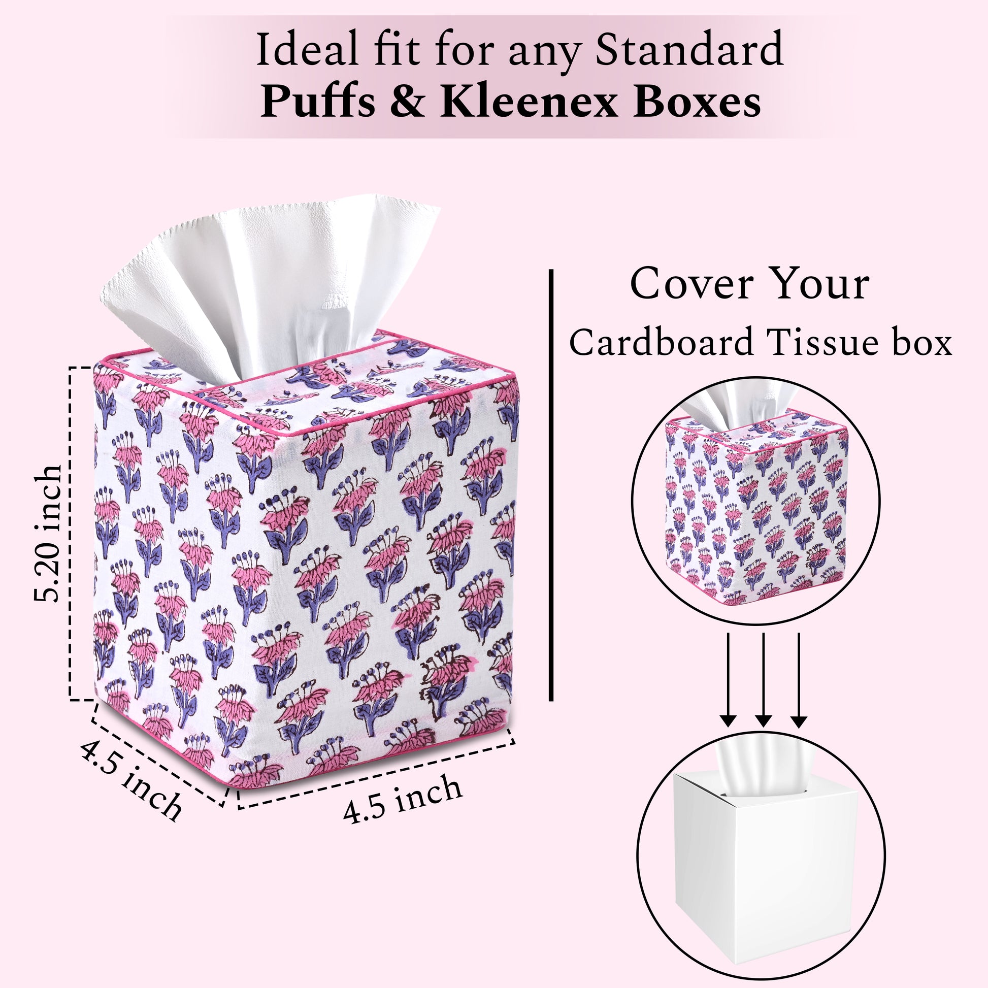 100% Cotton Hand Block Printed Tissue Box Cover - Pink Sapphire