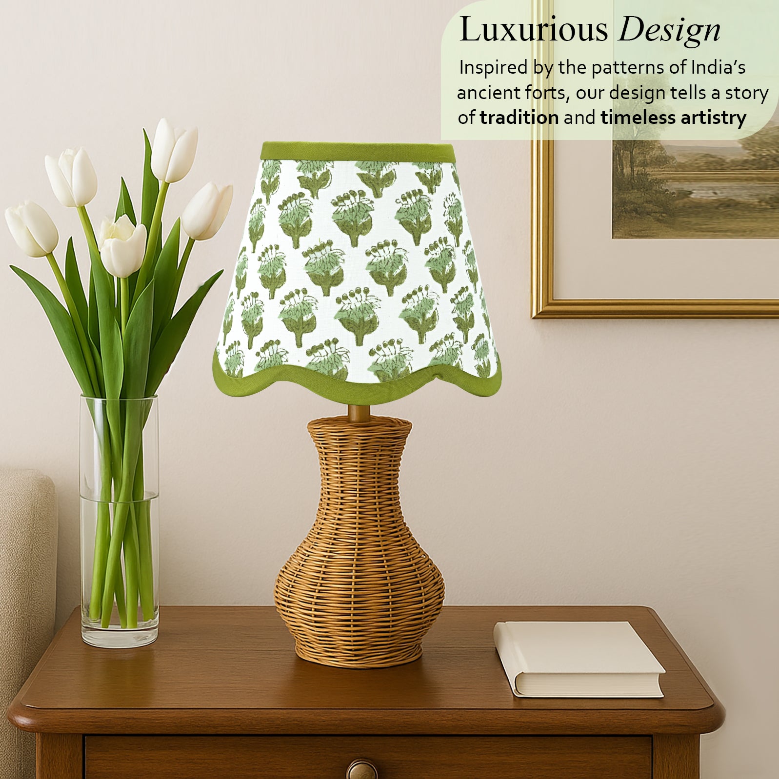 Hand Block Printed Cotton Lampshade – Scallop Floral Emerald Green