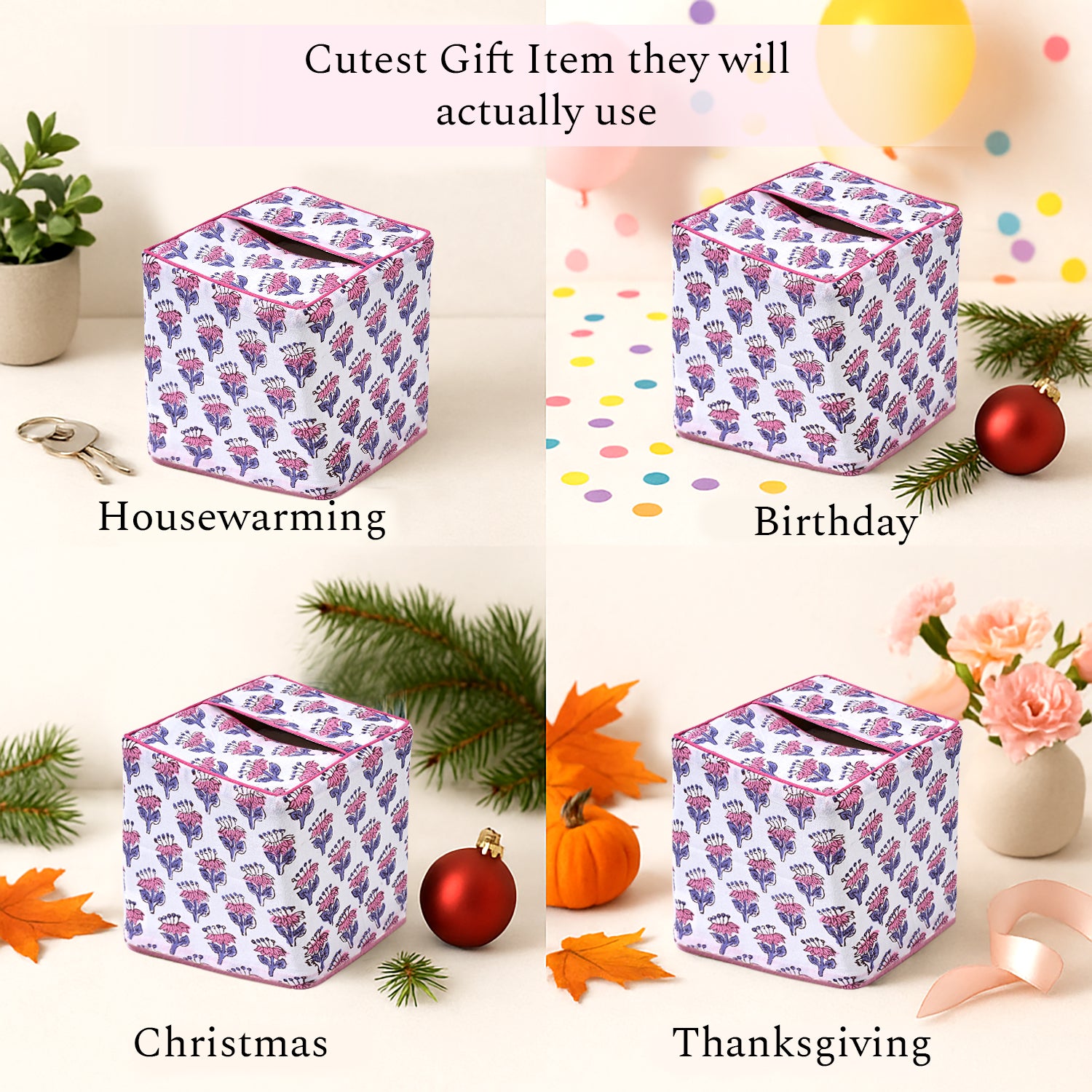 100% Cotton Hand Block Printed Tissue Box Cover - Pink Sapphire