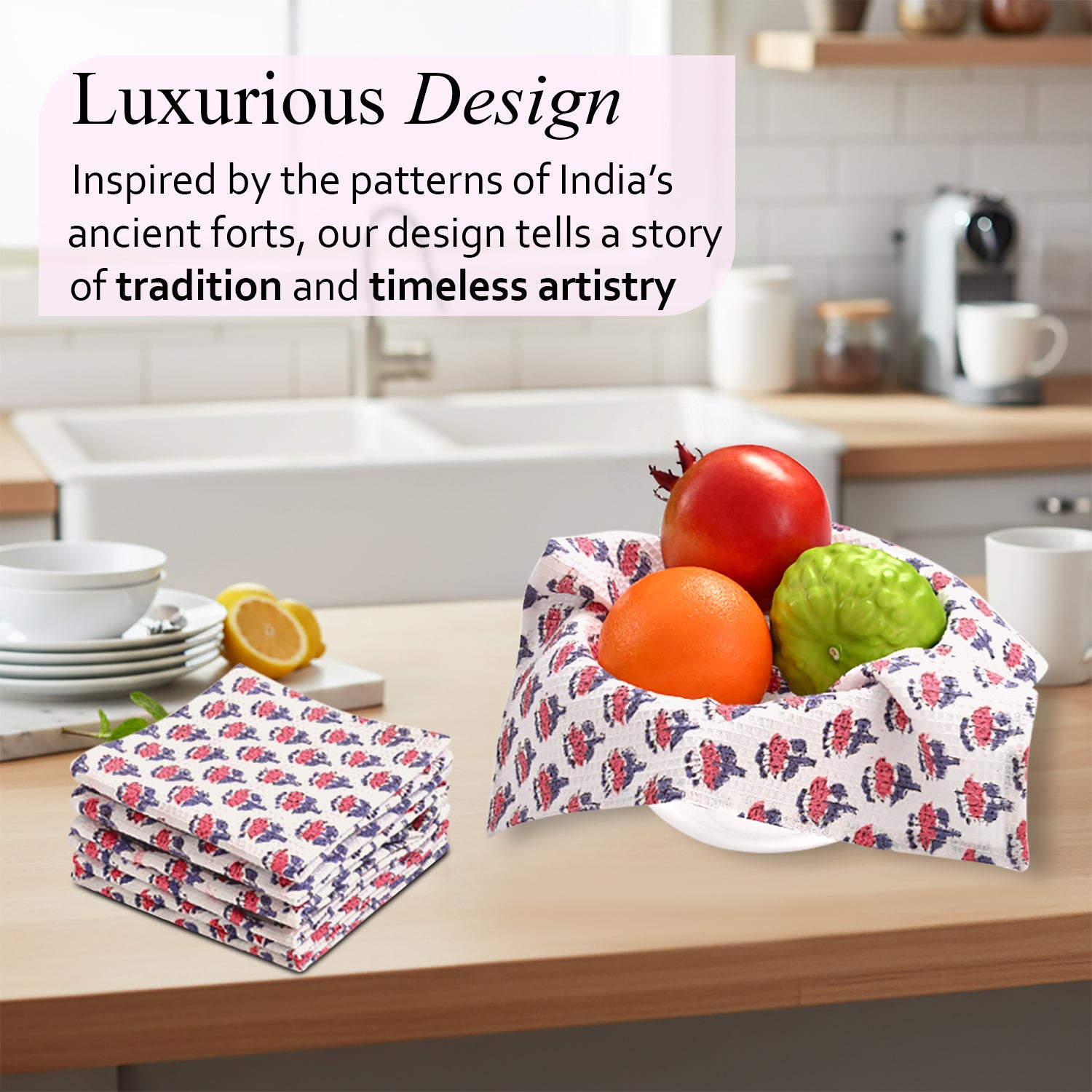 Hand Block Printed Waffle Kitchen Towels – Pink Sapphire
