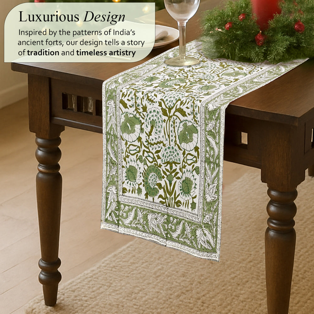 Cotton Block Print Table Runner - Agate Green