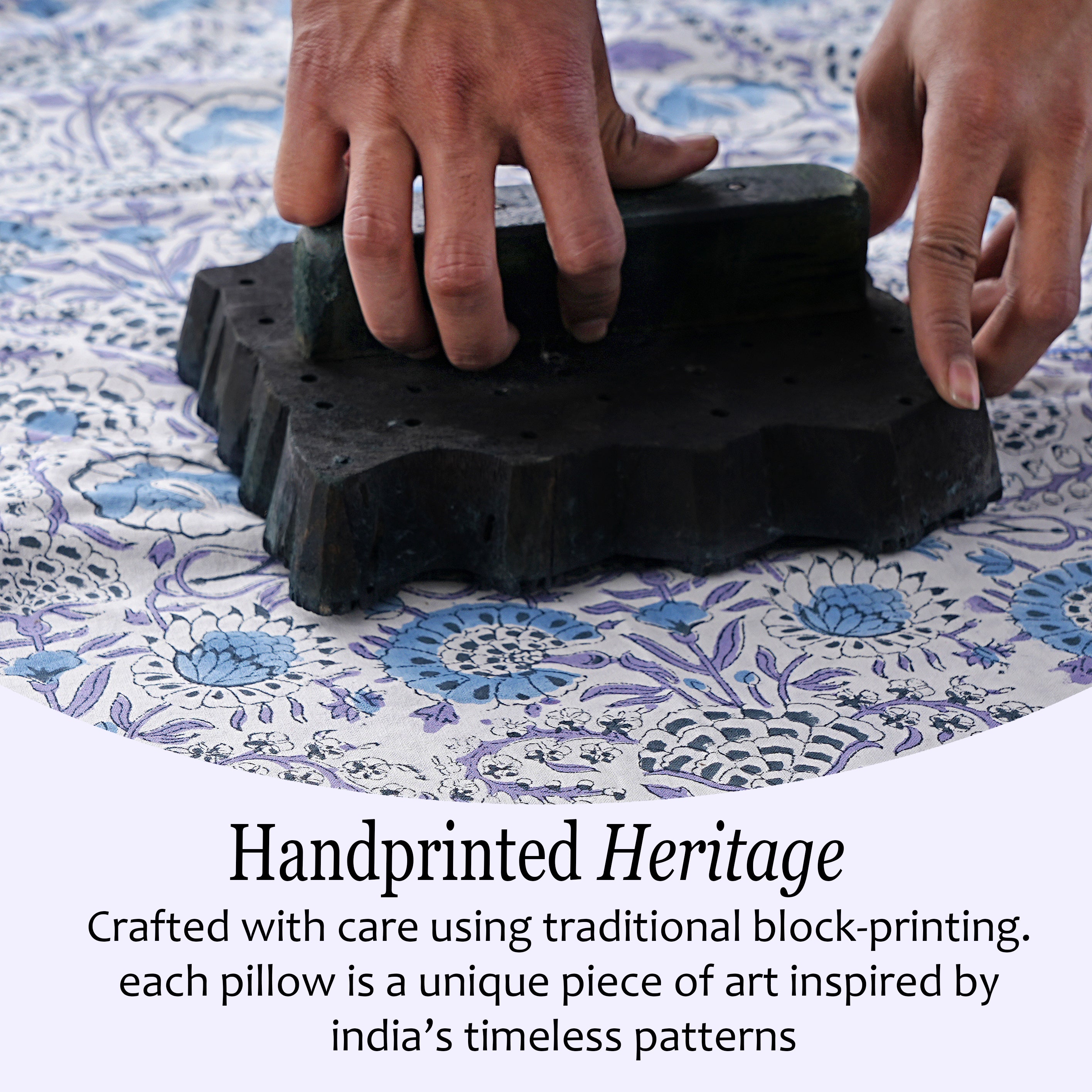 Hand printing a pattern on fabric with text 'Handprinted Heritage' and description.