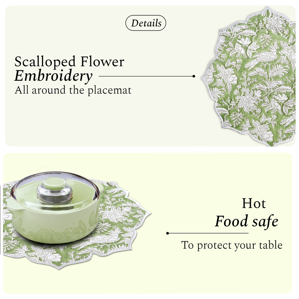 Cotton placemat in muted sage tone with embroidery detail