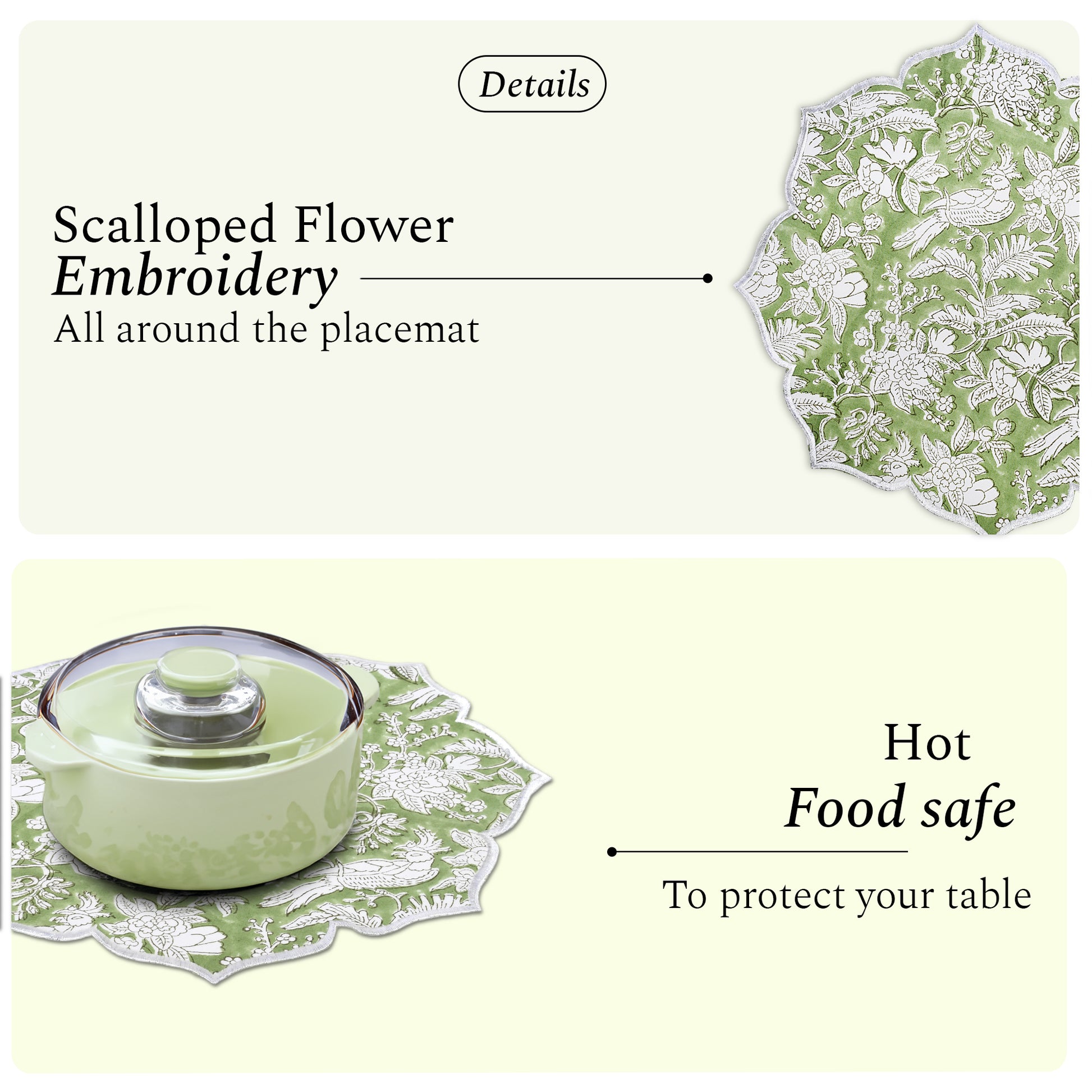 Cotton placemat in muted sage tone with embroidery detail