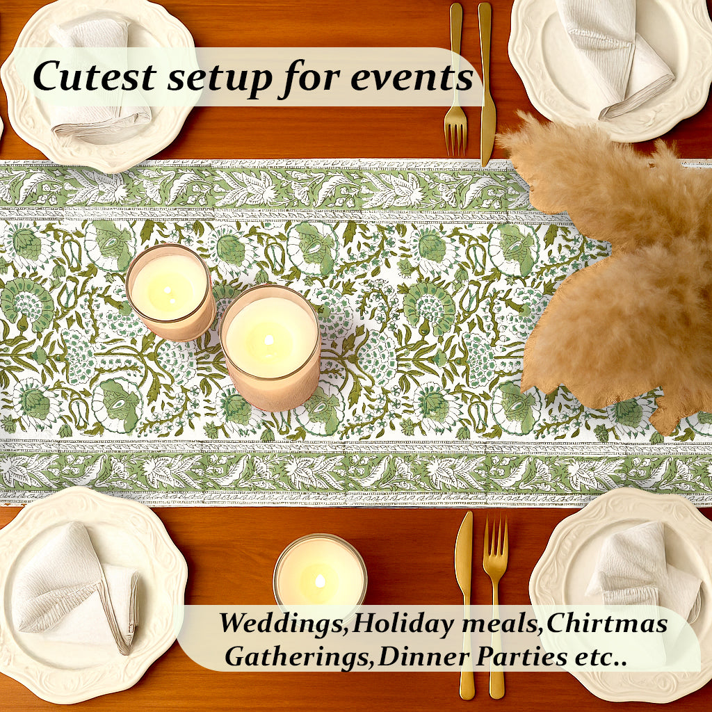 Cotton Block Print Table Runner - Agate Green