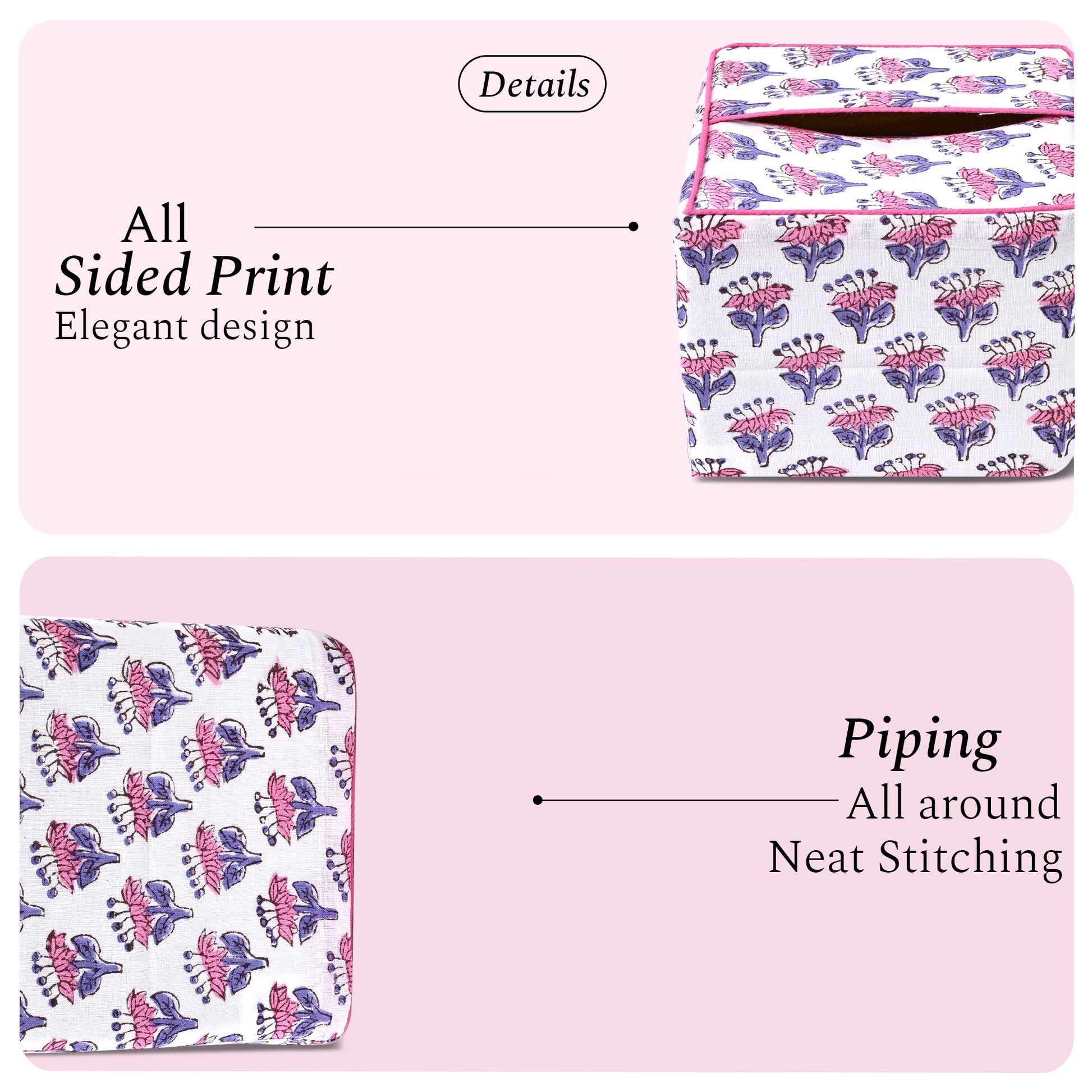 100% Cotton Hand Block Printed Tissue Box Cover - Pink Sapphire