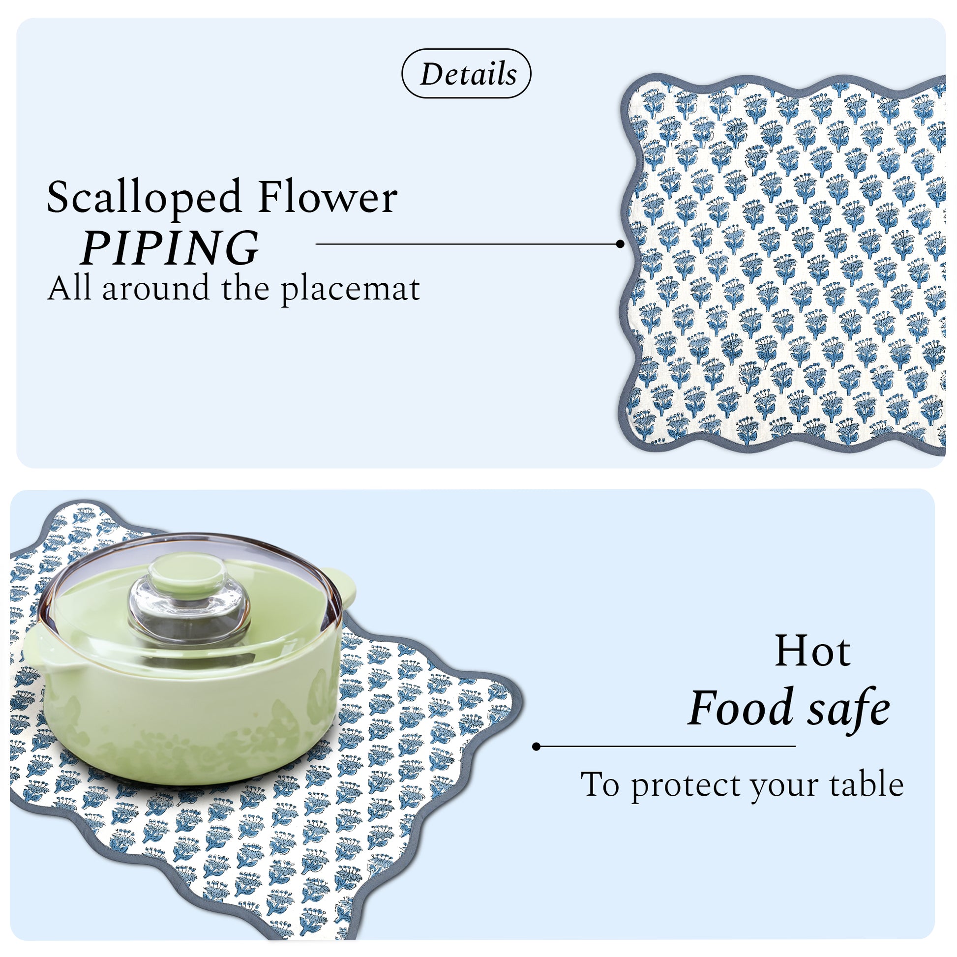 Rectangle 100% Cotton Reversible Placemat Set – Apatite Blue