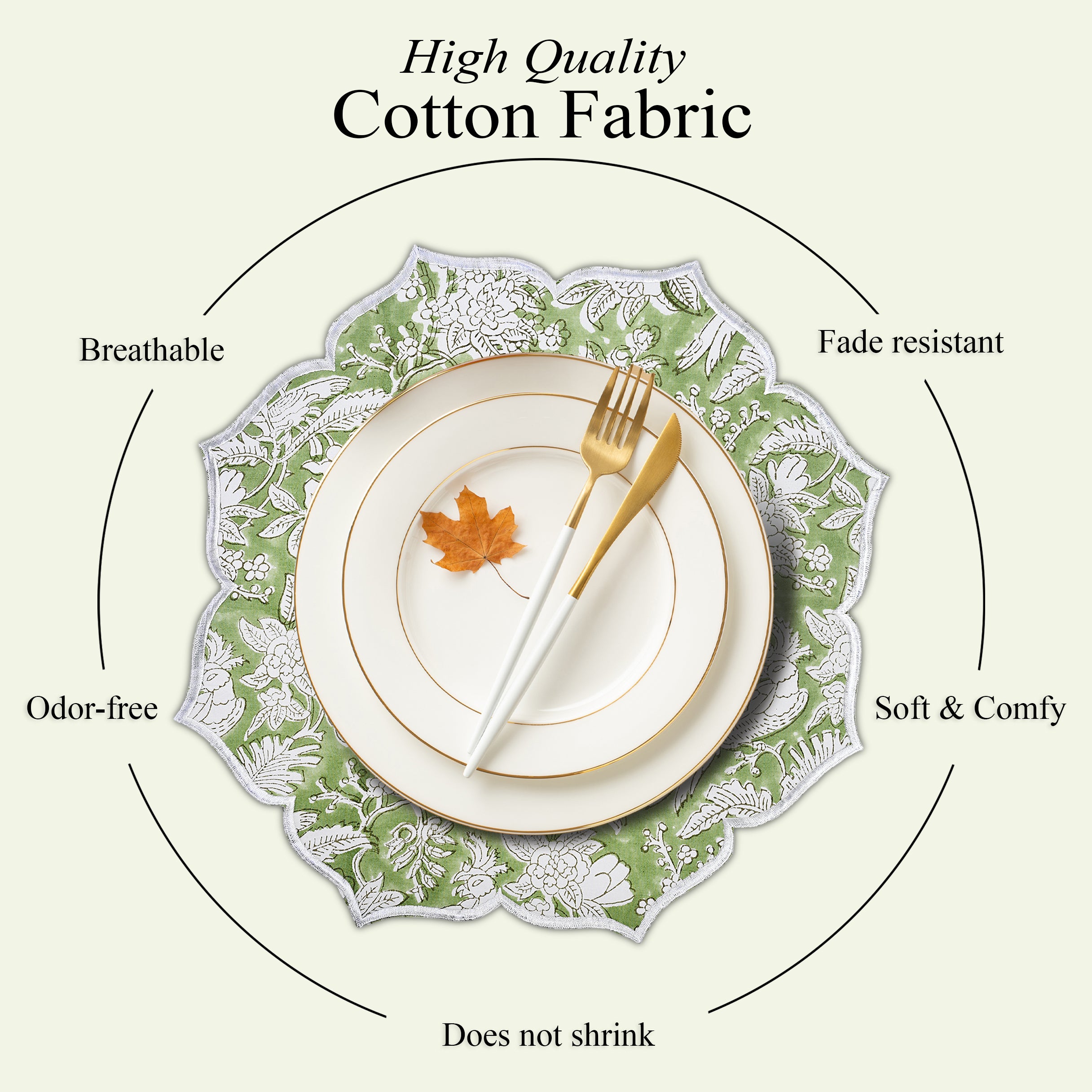 Elegant green embroidered placemat with natural charm
