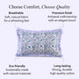 Decorative pillow with text highlighting comfort, quality, eco-friendliness, and durability.