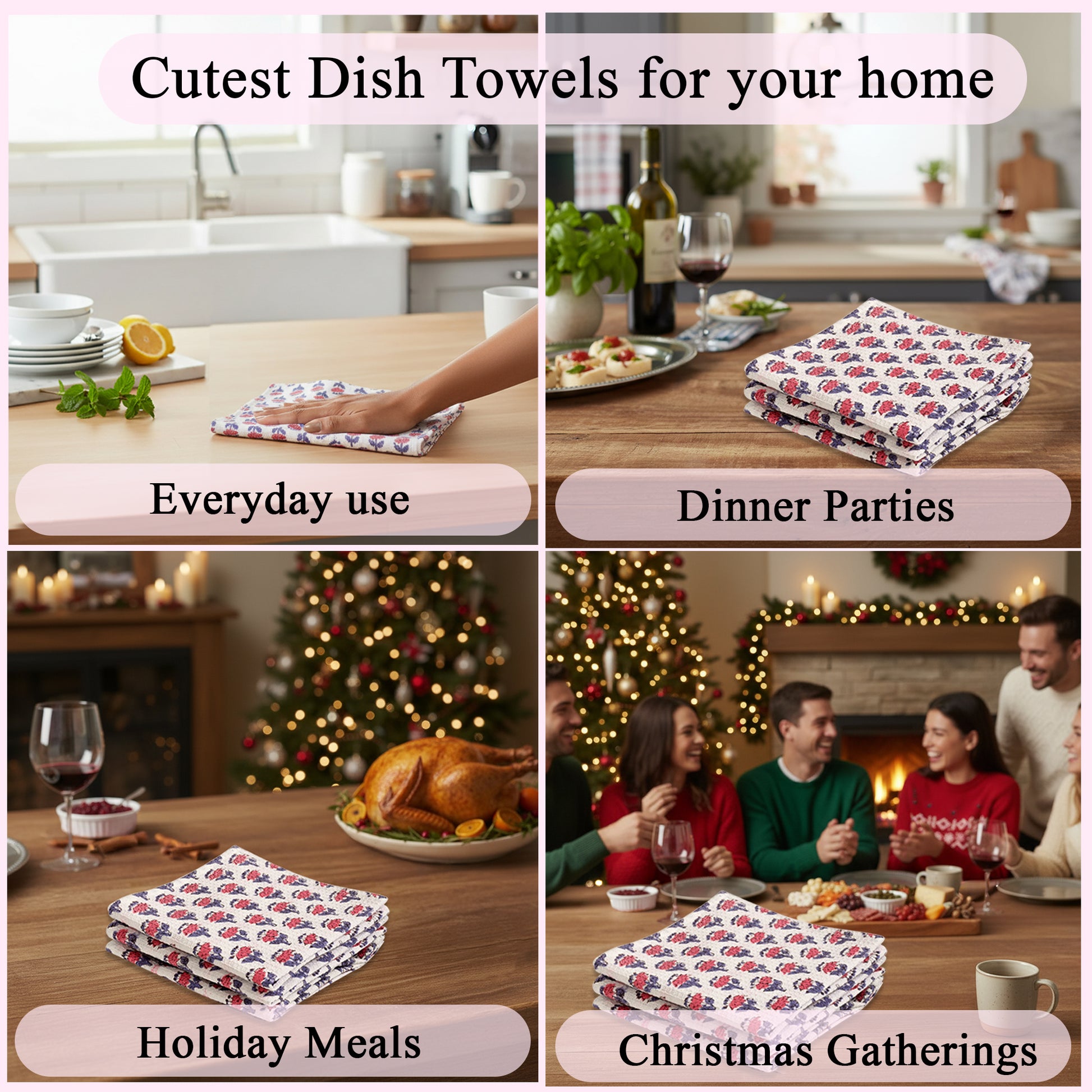 Hand Block Printed Waffle Kitchen Towels – Pink Sapphire
